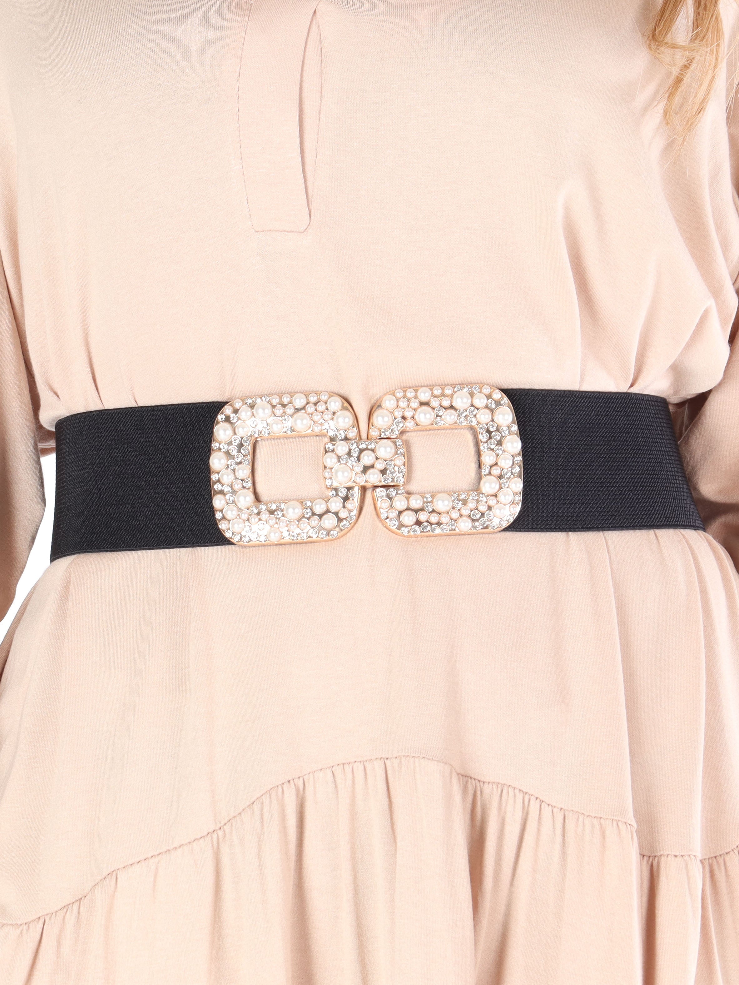 Florence - Sort elastik taljebælte med guldspænde og perler
