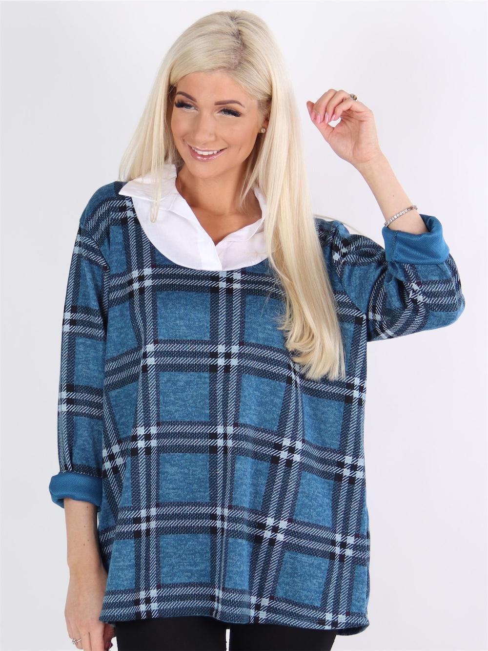 Kinza - Beigefarvet ternet bluse med hvid skjortekrave