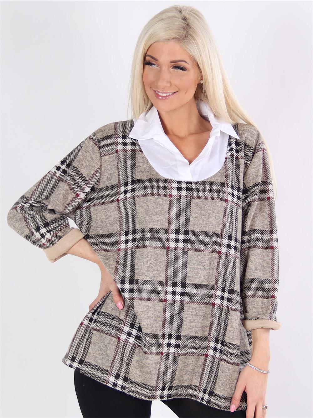 Kinza - Beigefarvet ternet bluse med hvid skjortekrave