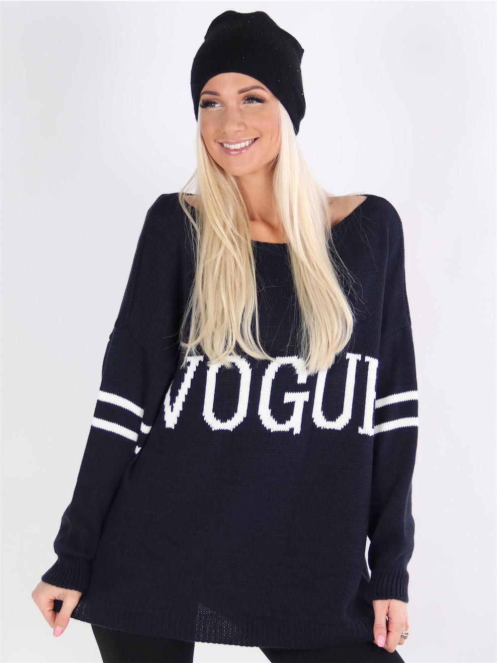 Isobel - Sort striktrøje med hvid skrift og striber