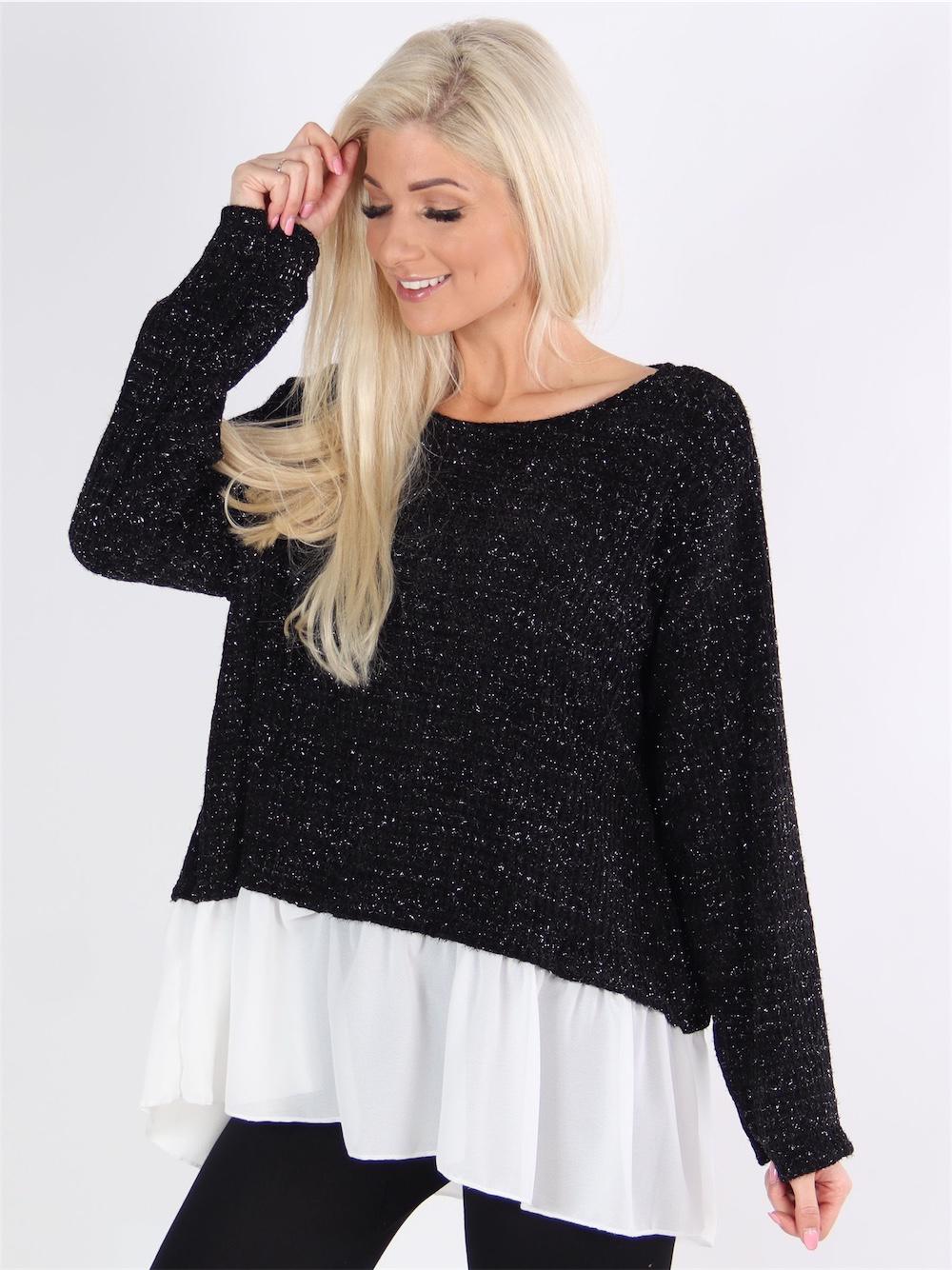 Jonita - Sort strikbluse med sølv glimmertråde og hvid chiffon