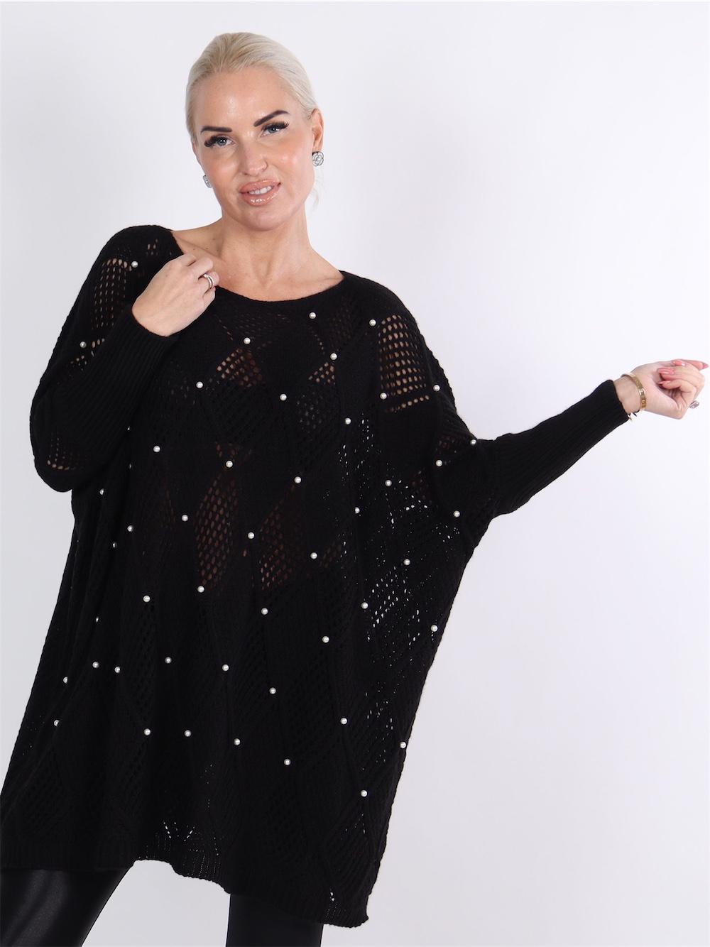 Perle - Sort striktrøje med harlekin mønster og perler