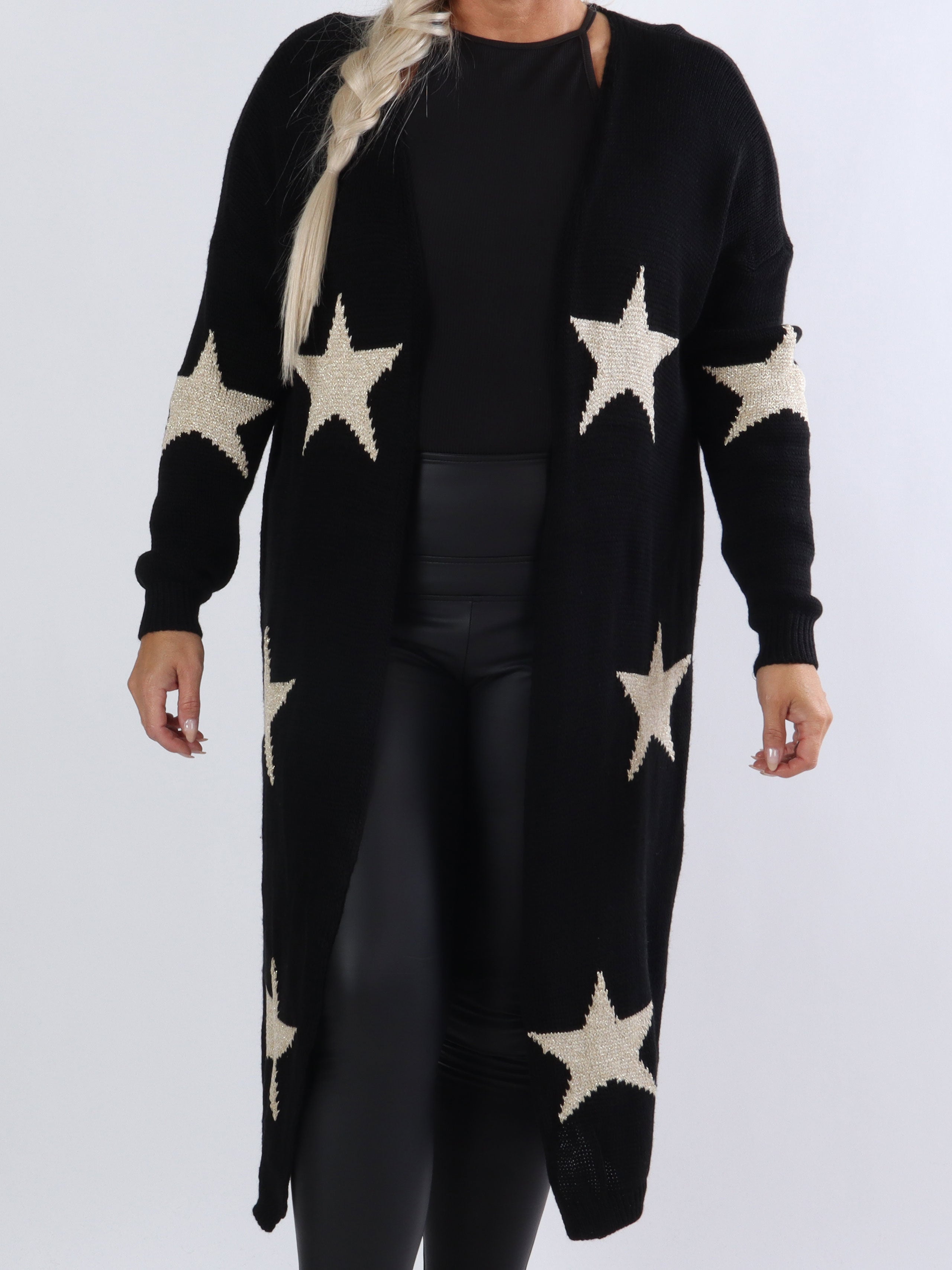 Isadora - Lang plus size strikcardigan med stjerner