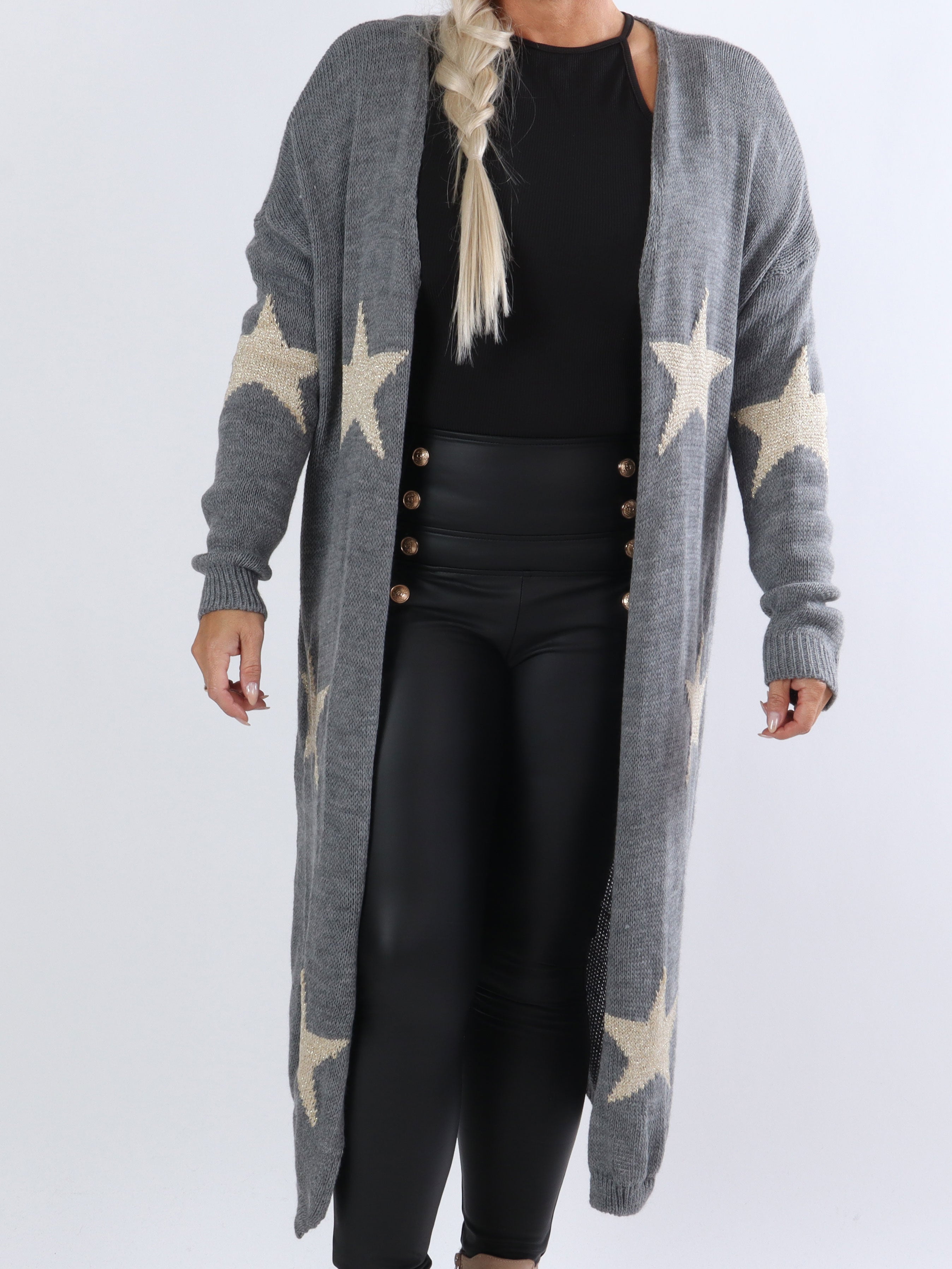 Isadora - Lang plus size strikcardigan med stjerner