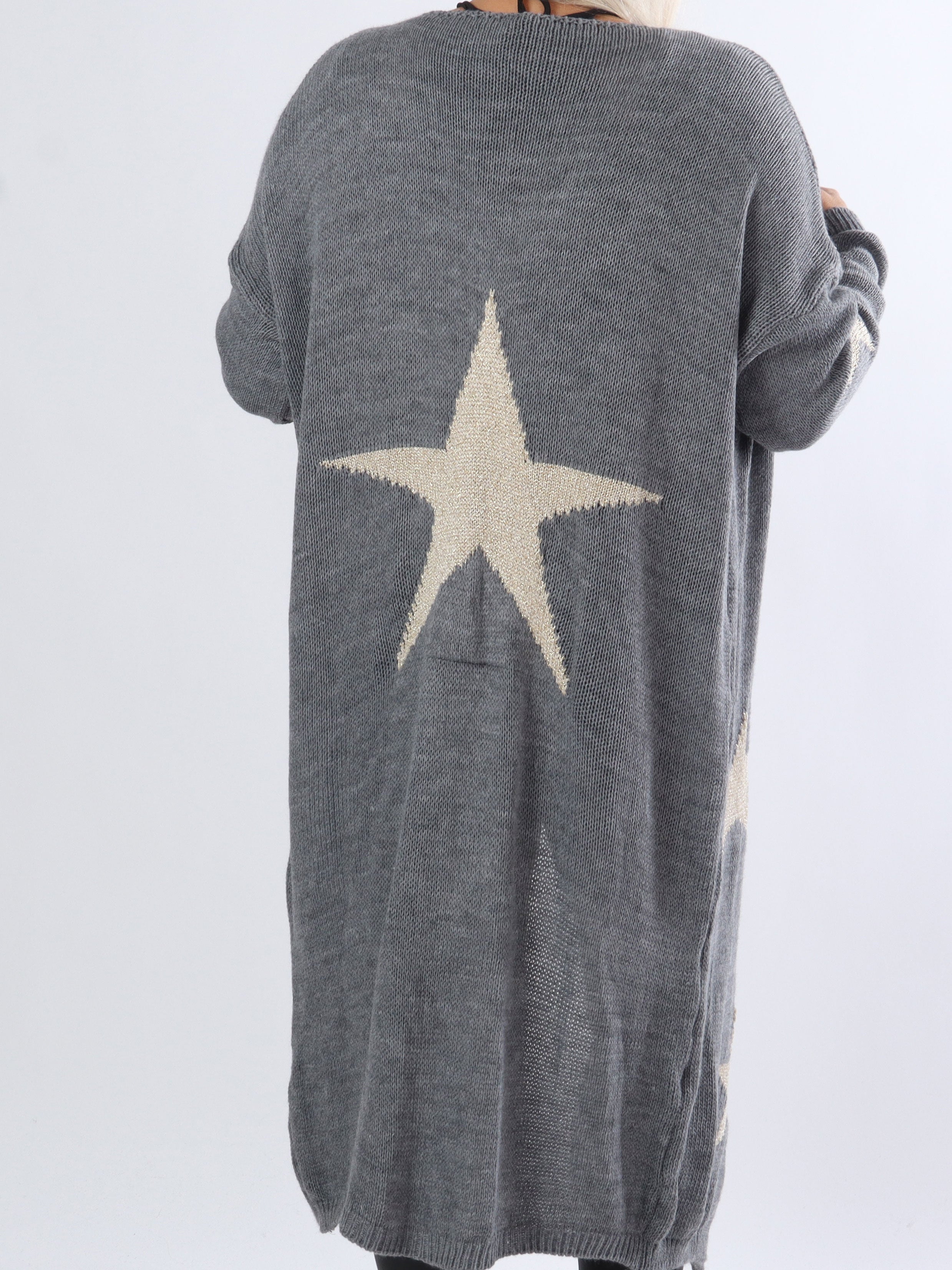 Isadora - Lang plus size strikcardigan med stjerner