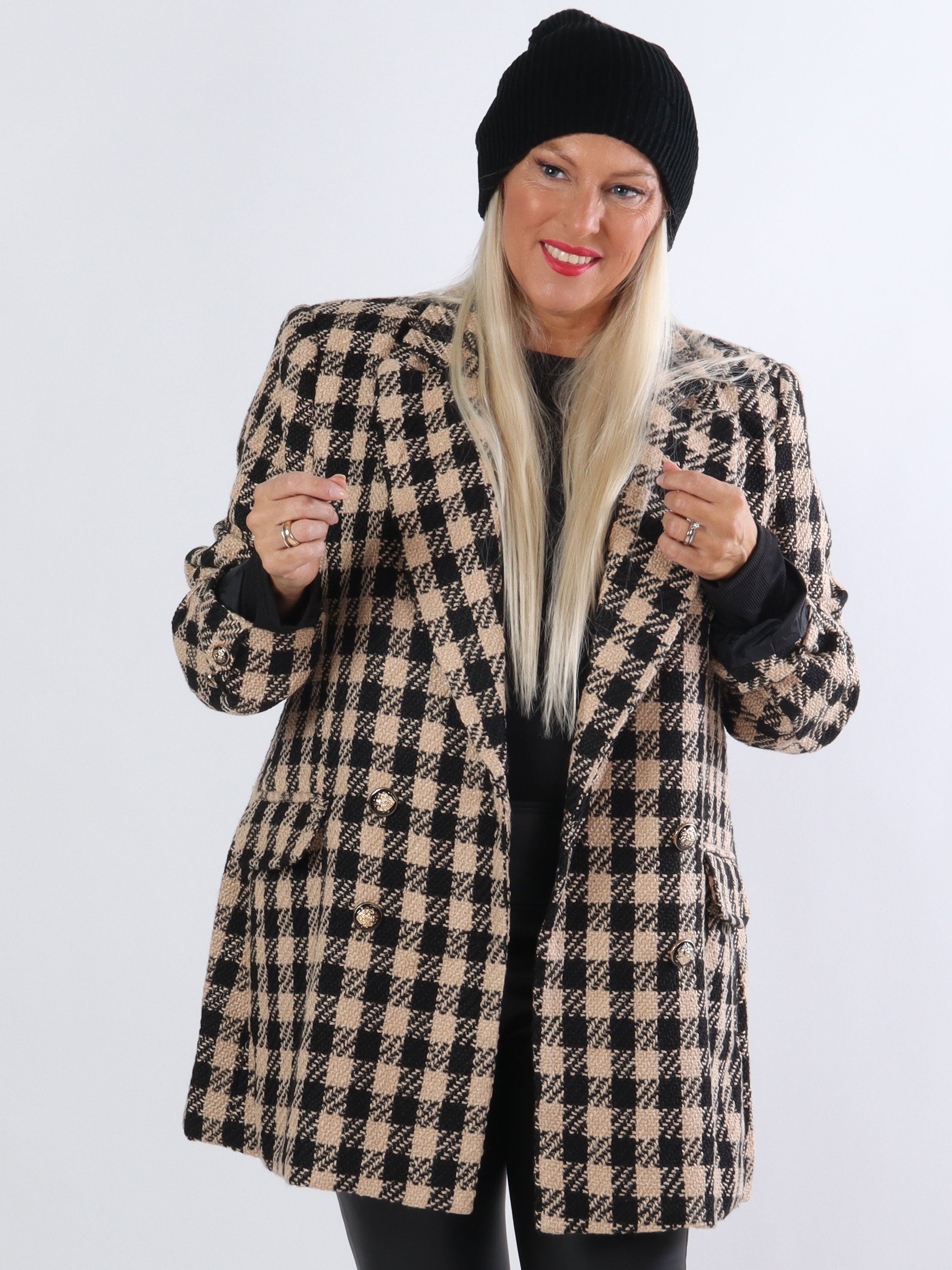 Magnolia - Camelfarvet og sort ternet blazerjakke