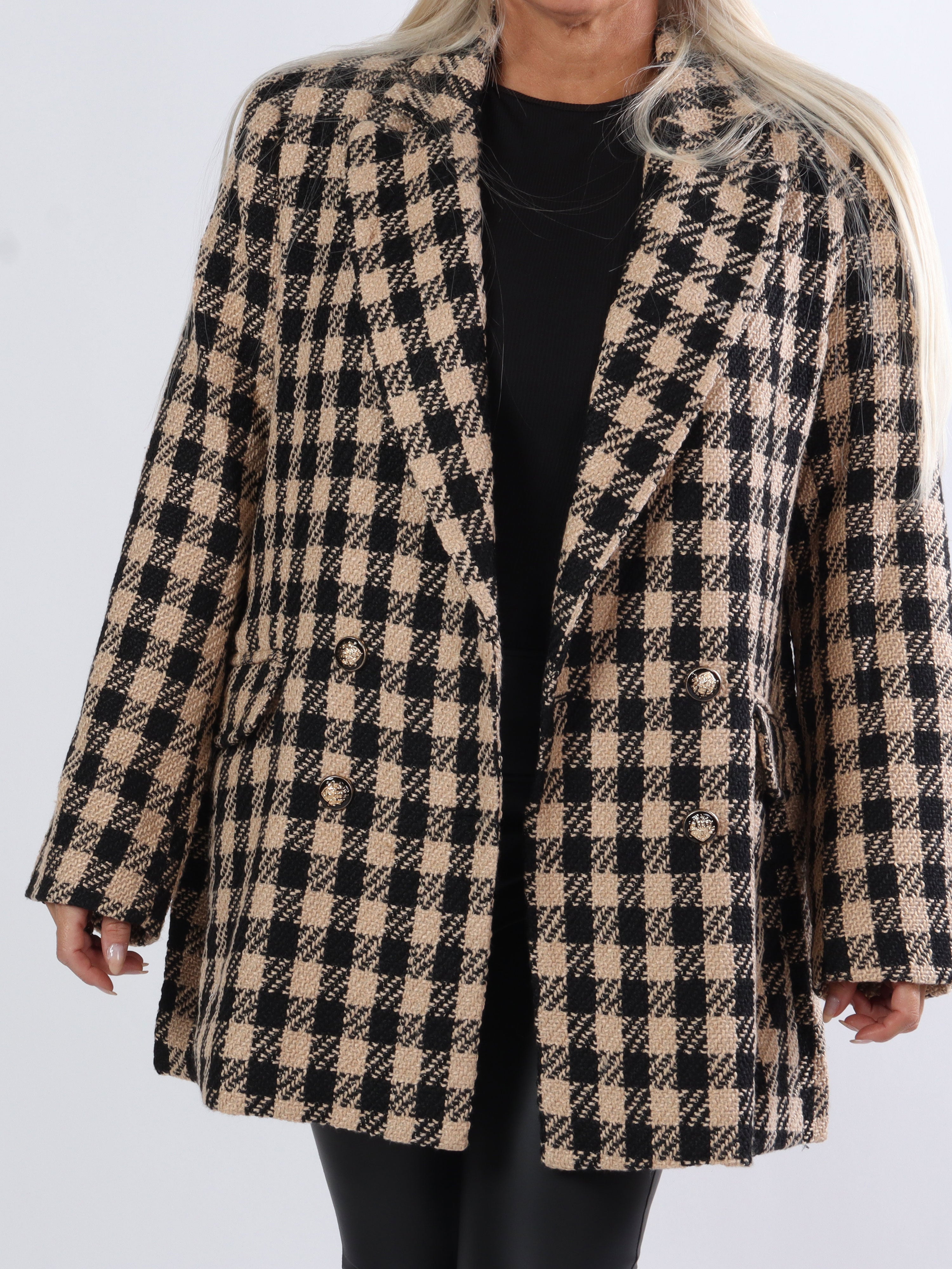 Magnolia - Camelfarvet og sort ternet blazerjakke