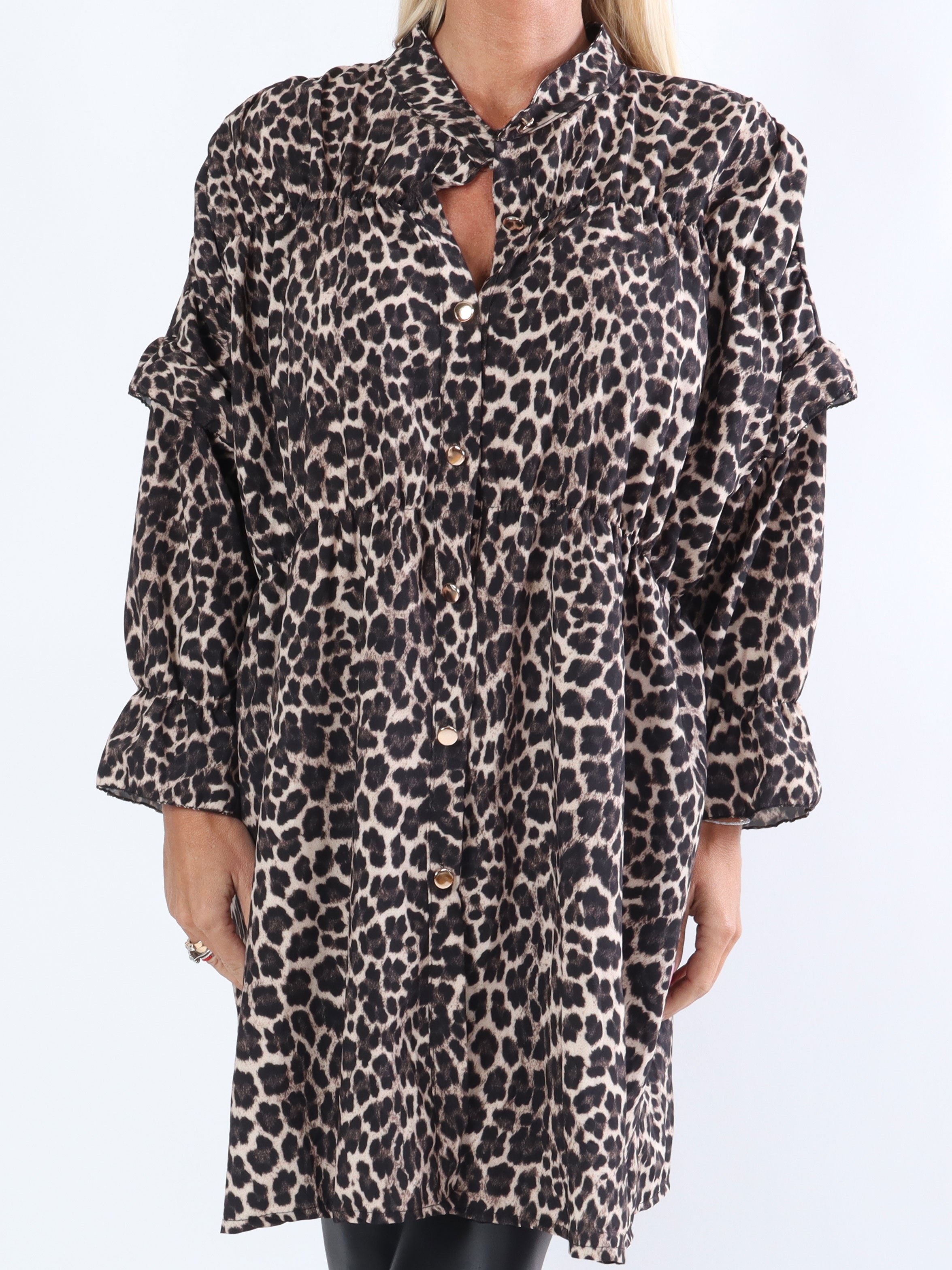 Monica Animal - Tunikakjole i dyreprint med flæser