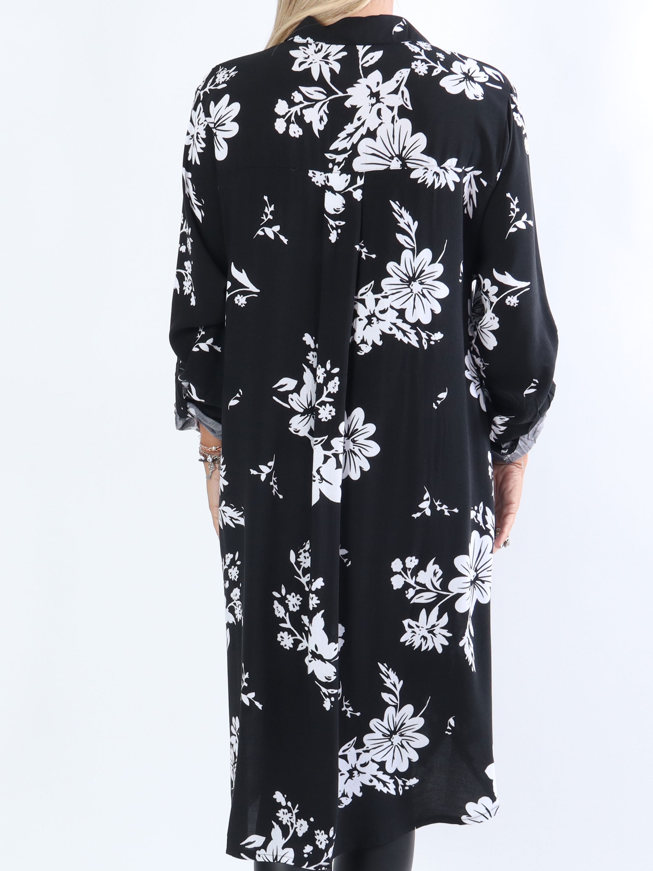 Marielle - Sort lang skjortekjole med hvide blomster