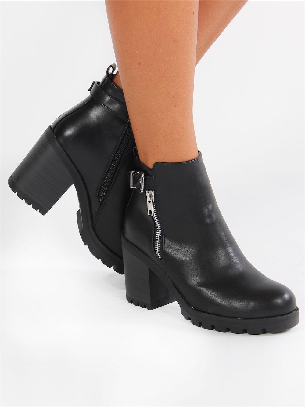 Celine - Sorte støvler med sølv lynlås og chunky hæl