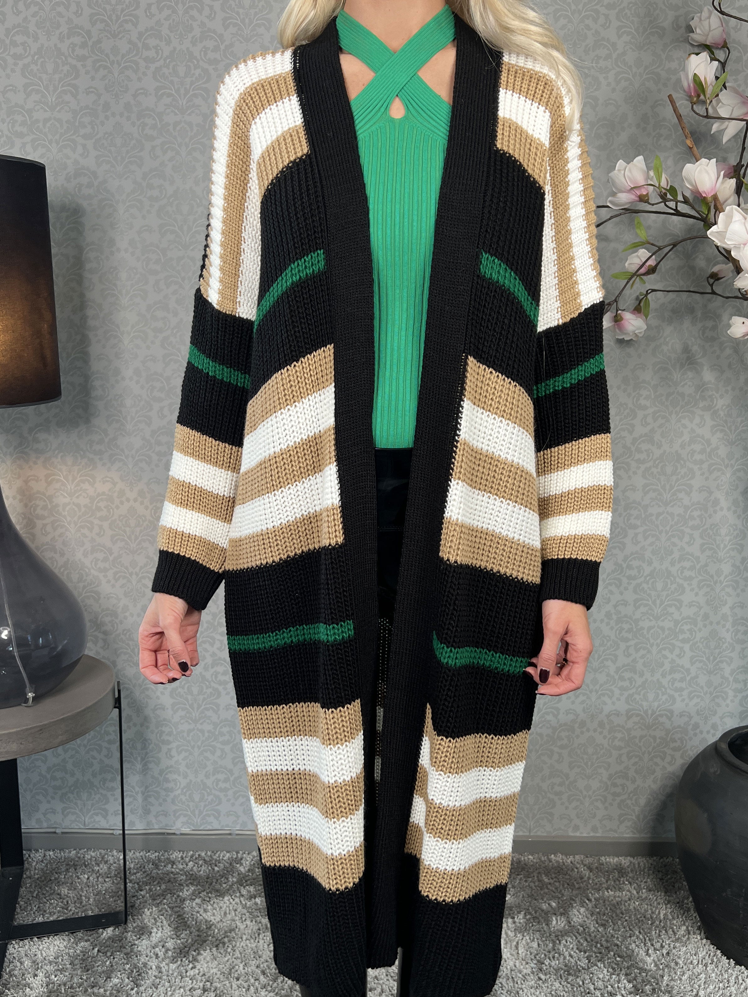 Mikla - Lang stribet cardigan i strik