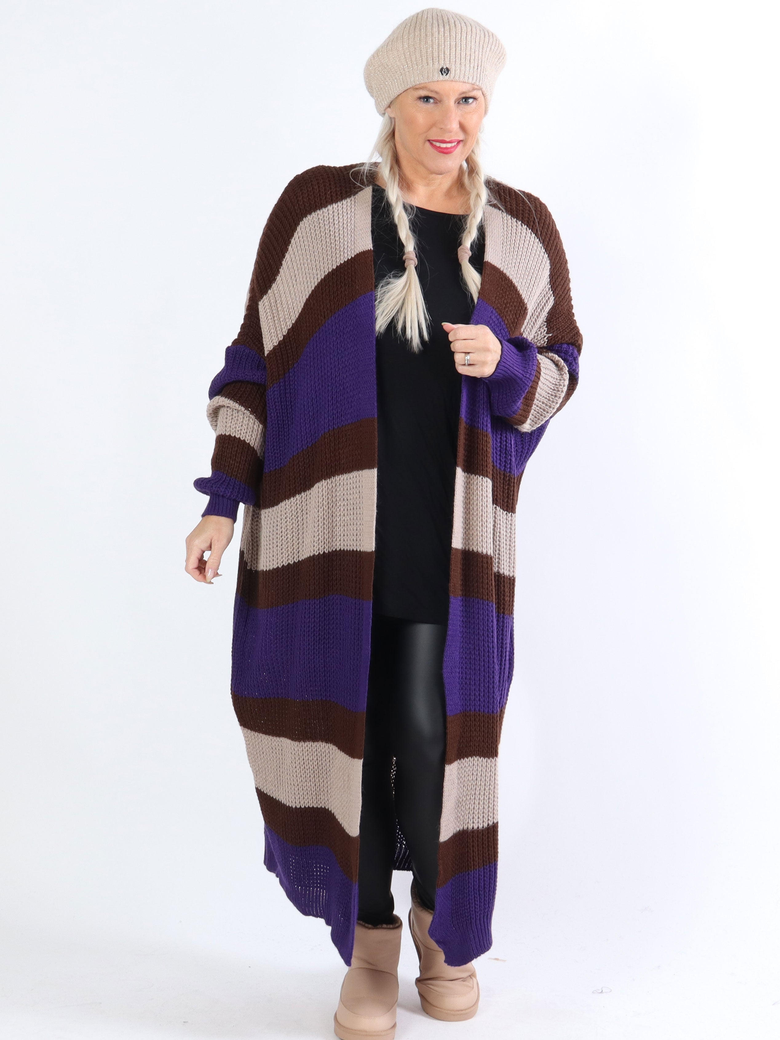 Fekla - Lang plus size strikcardigan med striber