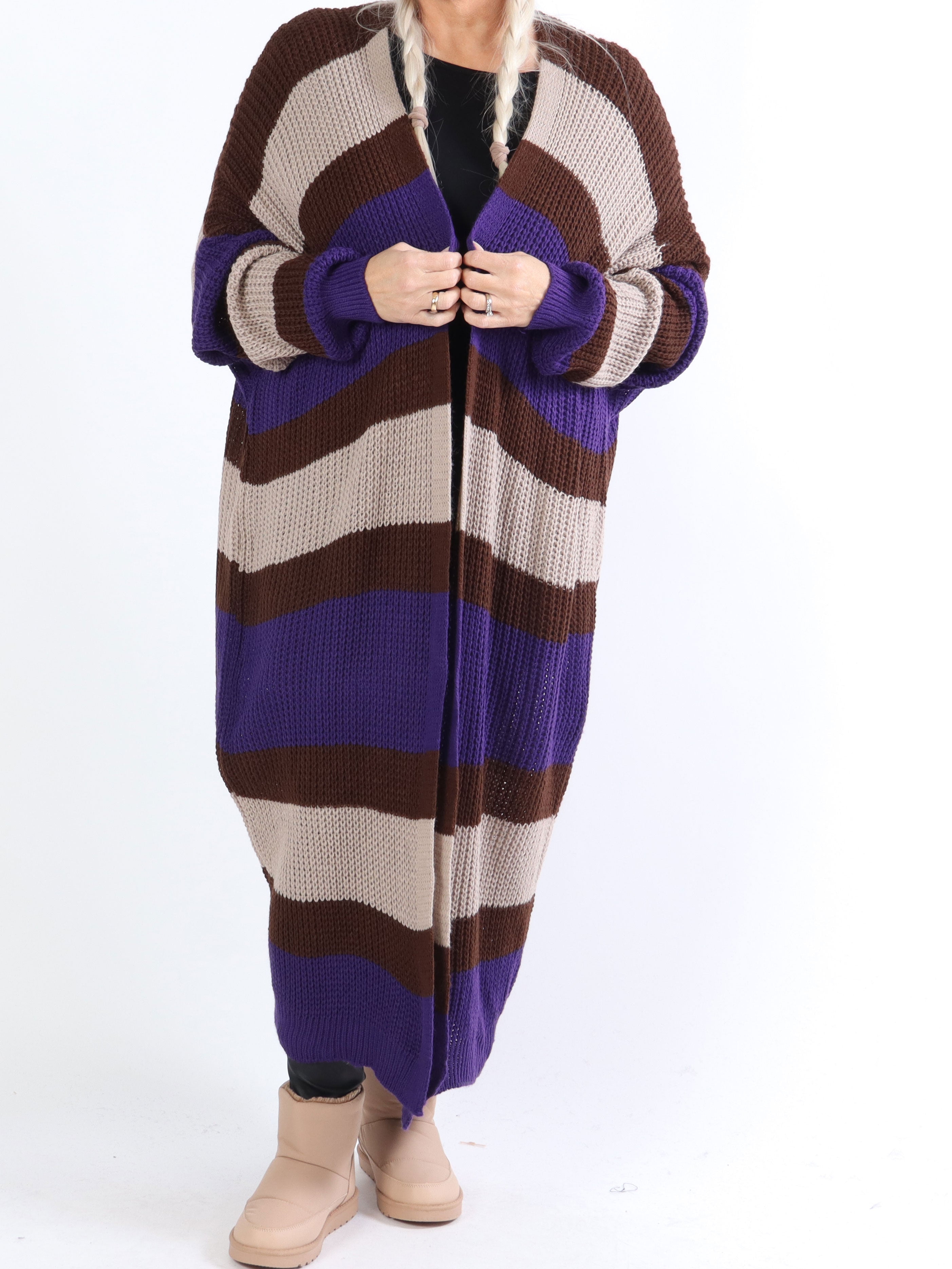 Fekla - Lang plus size strikcardigan med striber