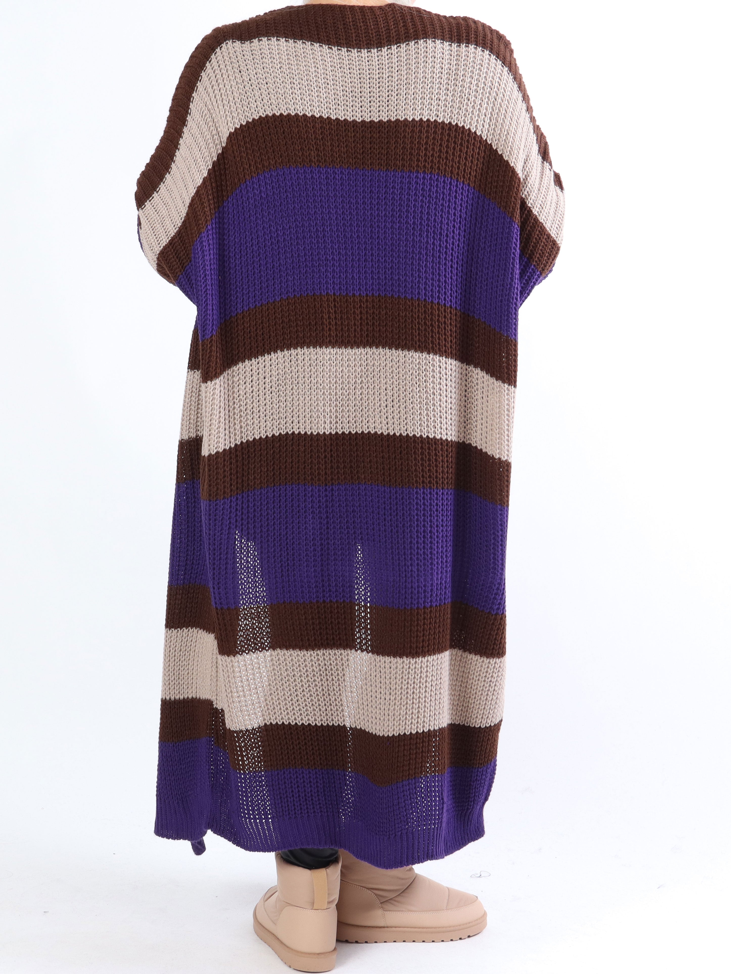 Fekla - Lang plus size strikcardigan med striber