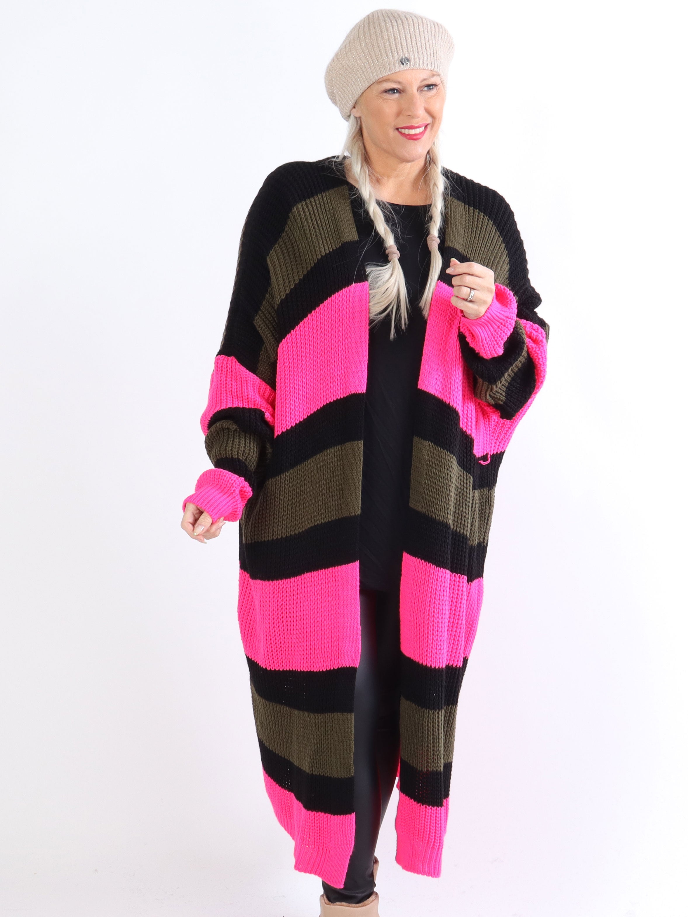 Fekla - Lang plus size strikcardigan med striber