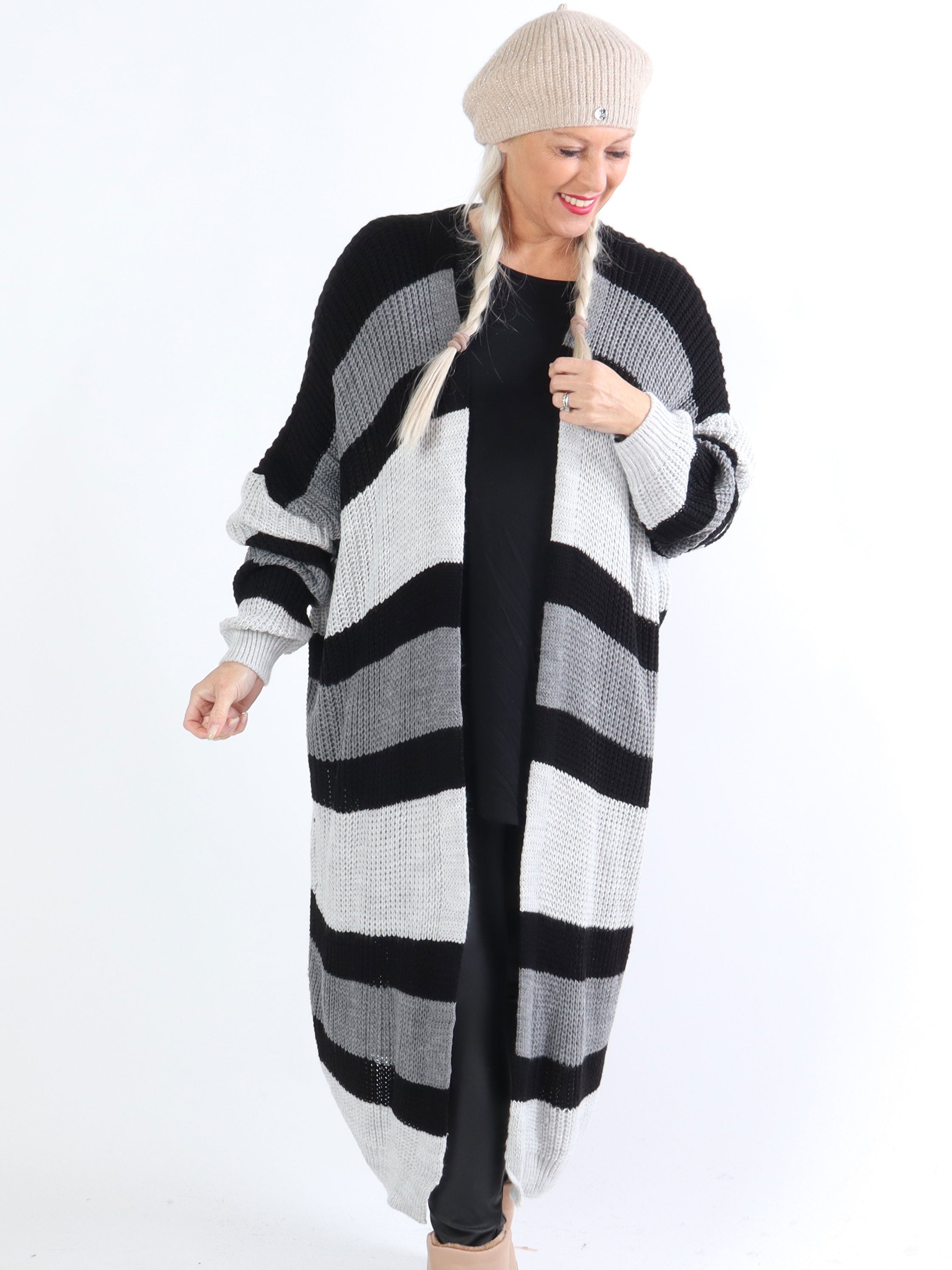 Fekla - Lang plus size strikcardigan med striber