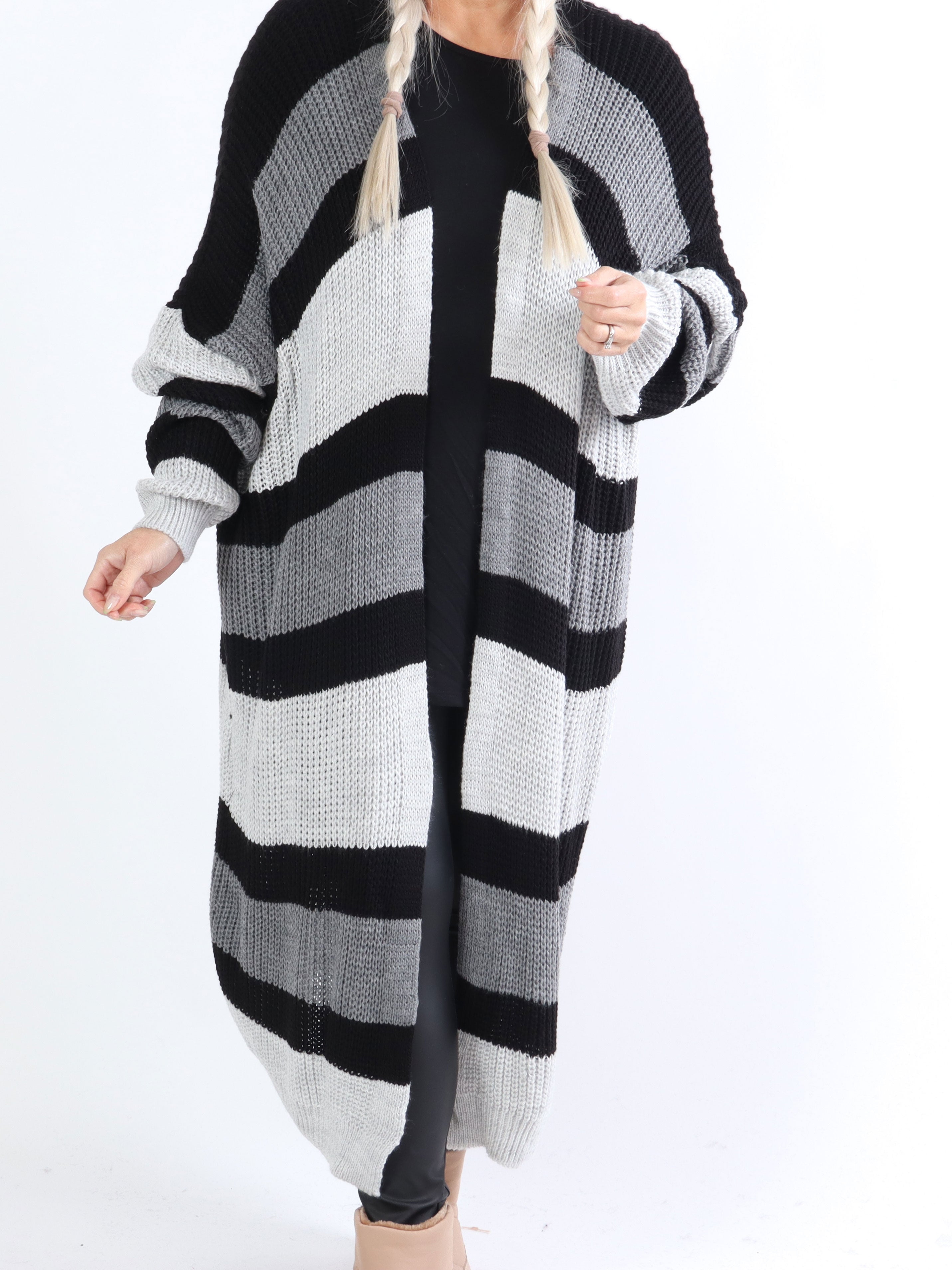 Fekla - Lang plus size strikcardigan med striber