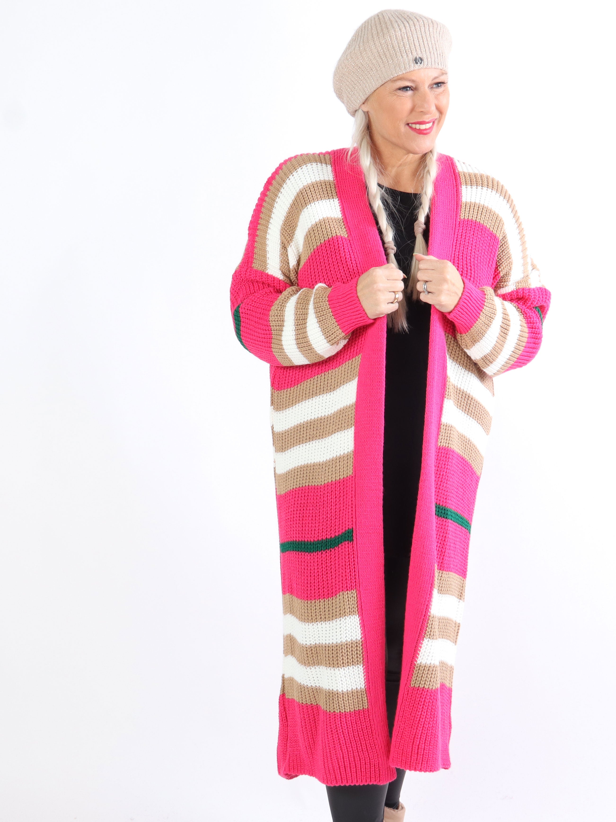 Mikla - Lang stribet plus size cardigan i strik