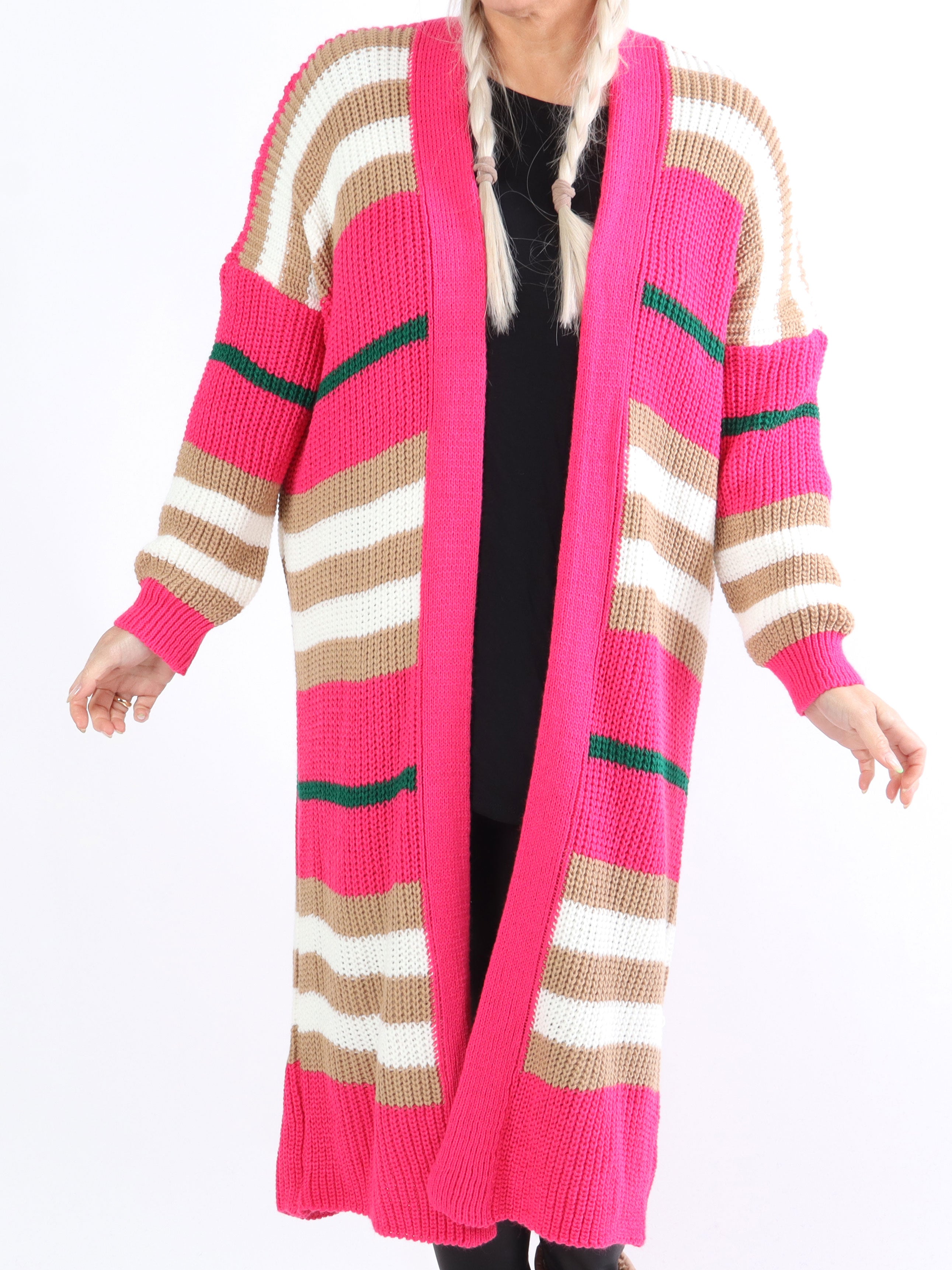 Mikla - Lang stribet plus size cardigan i strik