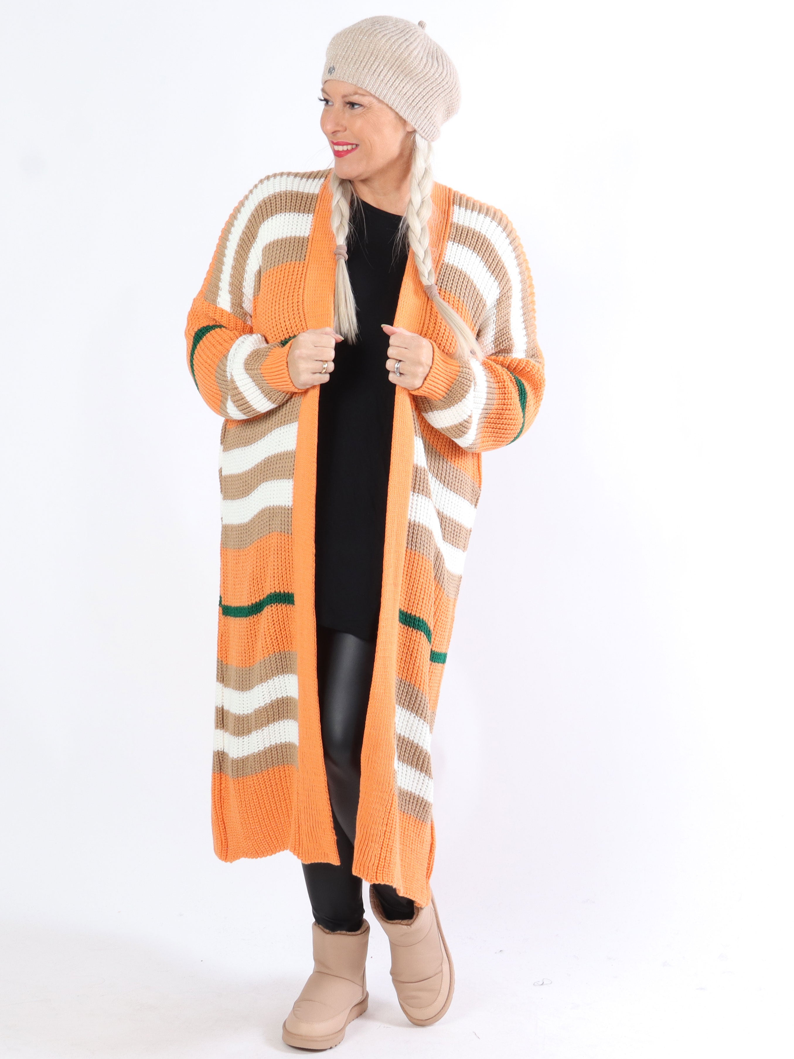 Mikla - Lang stribet plus size cardigan i strik