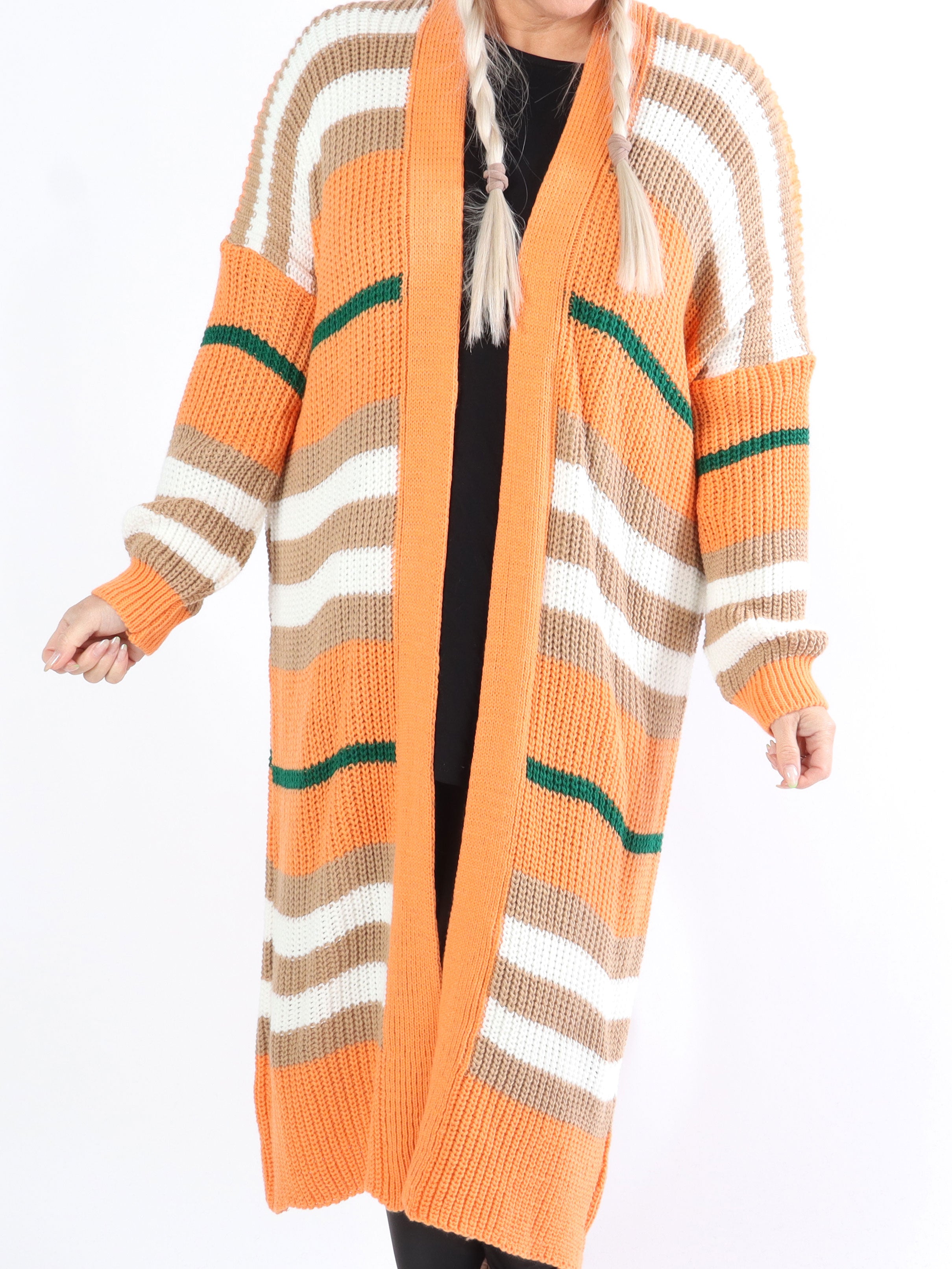 Mikla - Lang stribet plus size cardigan i strik