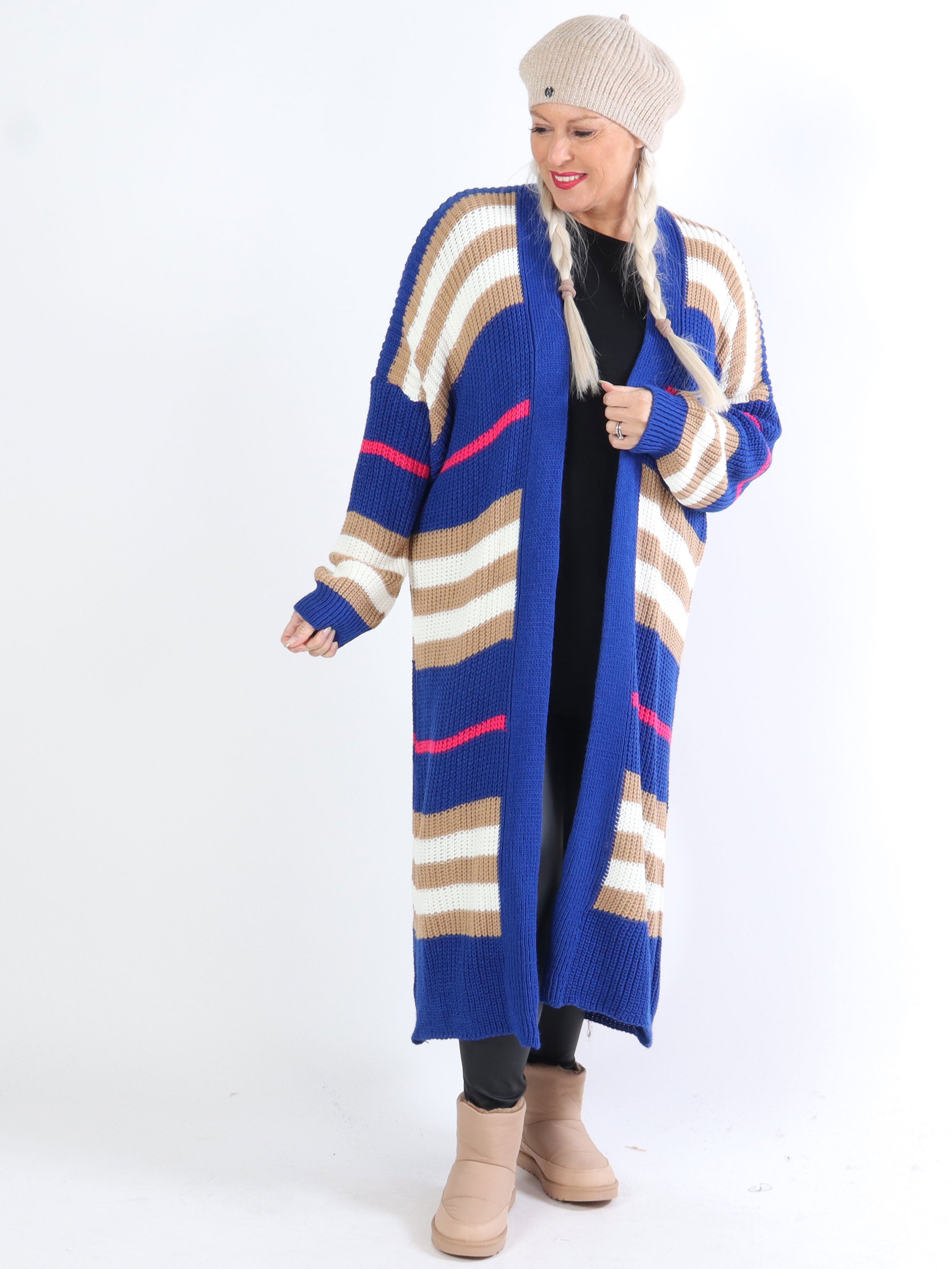 Mikla - Lang stribet plus size cardigan i strik