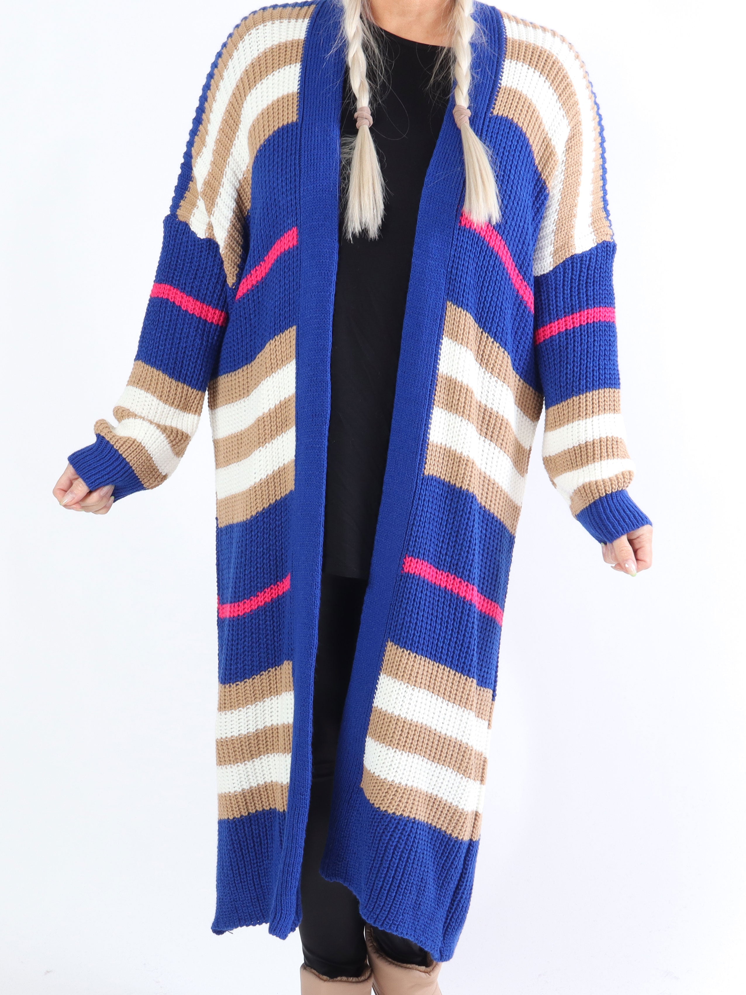 Mikla - Lang stribet plus size cardigan i strik