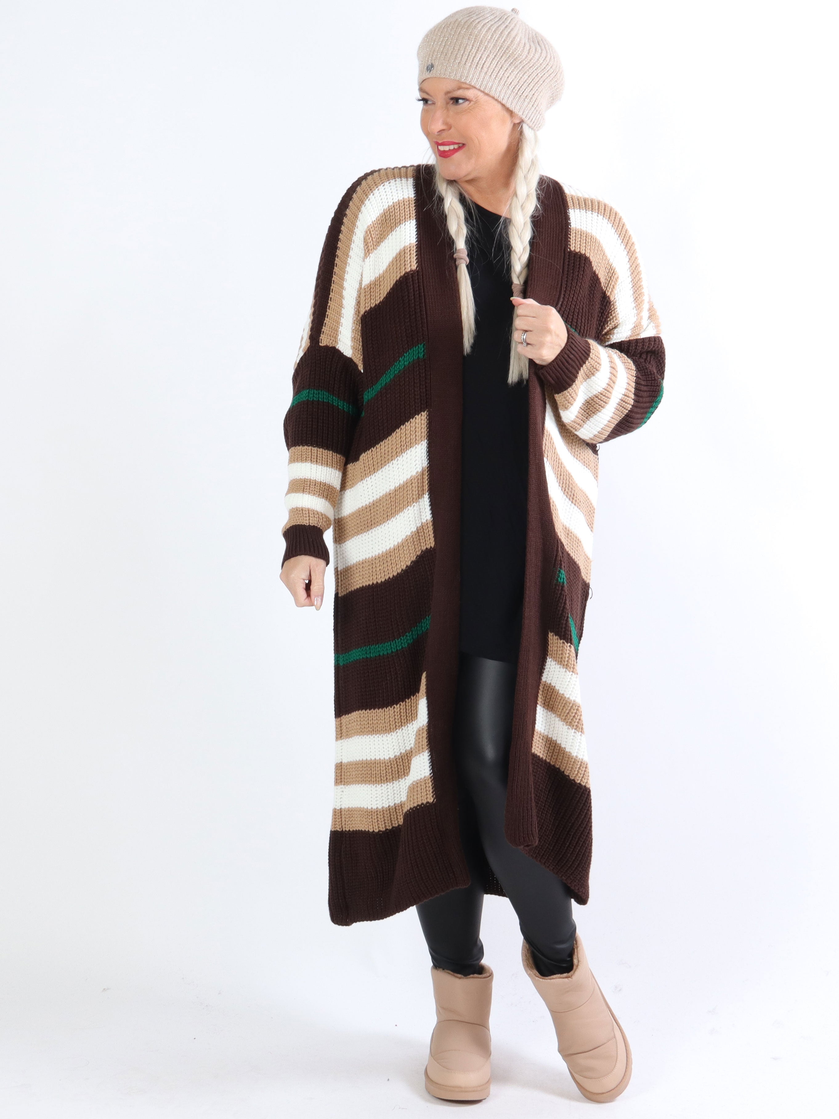 Mikla - Lang stribet plus size cardigan i strik