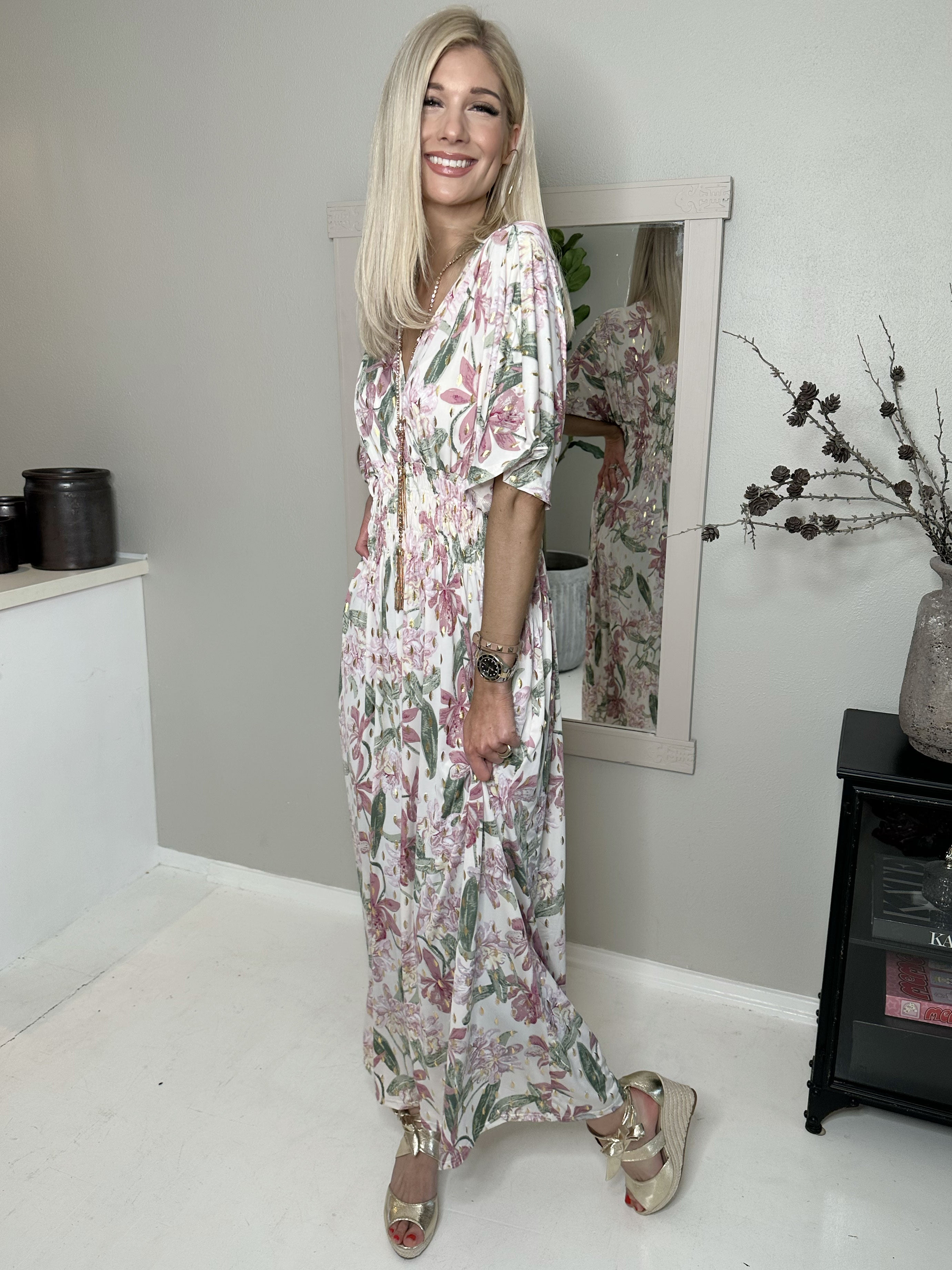 Pams Flower - Lang elastisk kjole i krølfrit stof