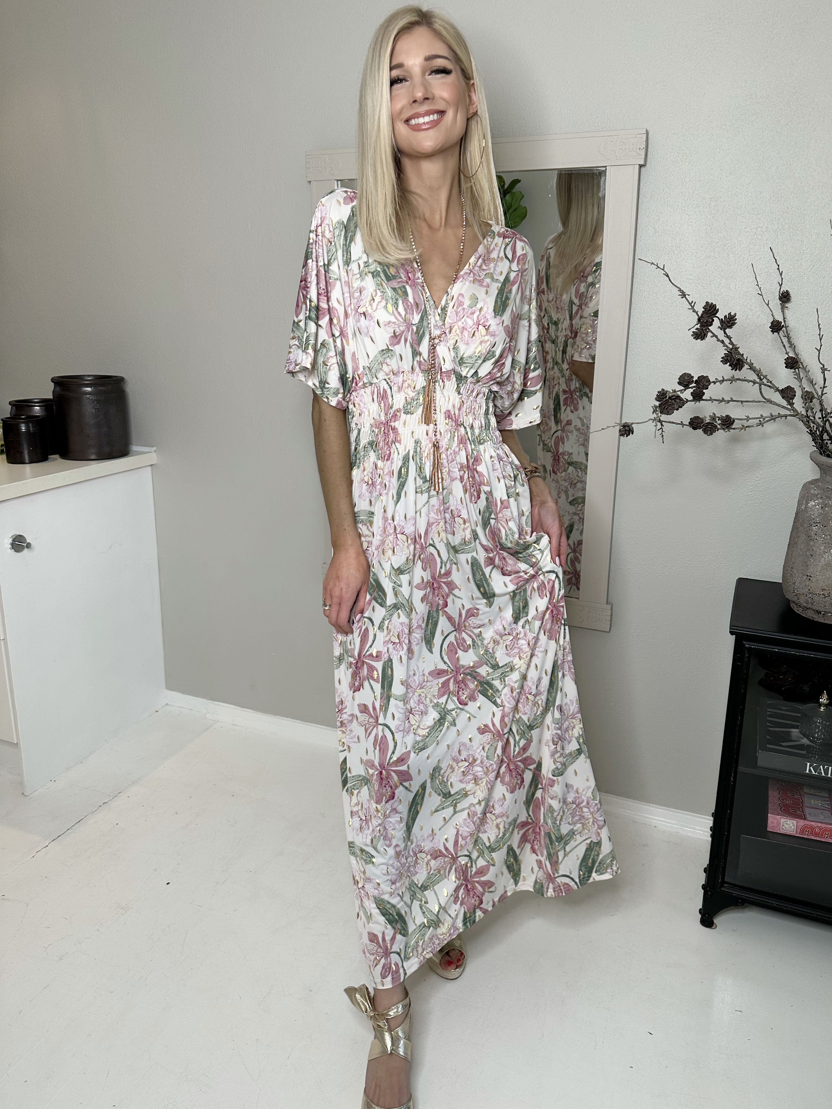 Pams Flower - Lang elastisk kjole i krølfrit stof