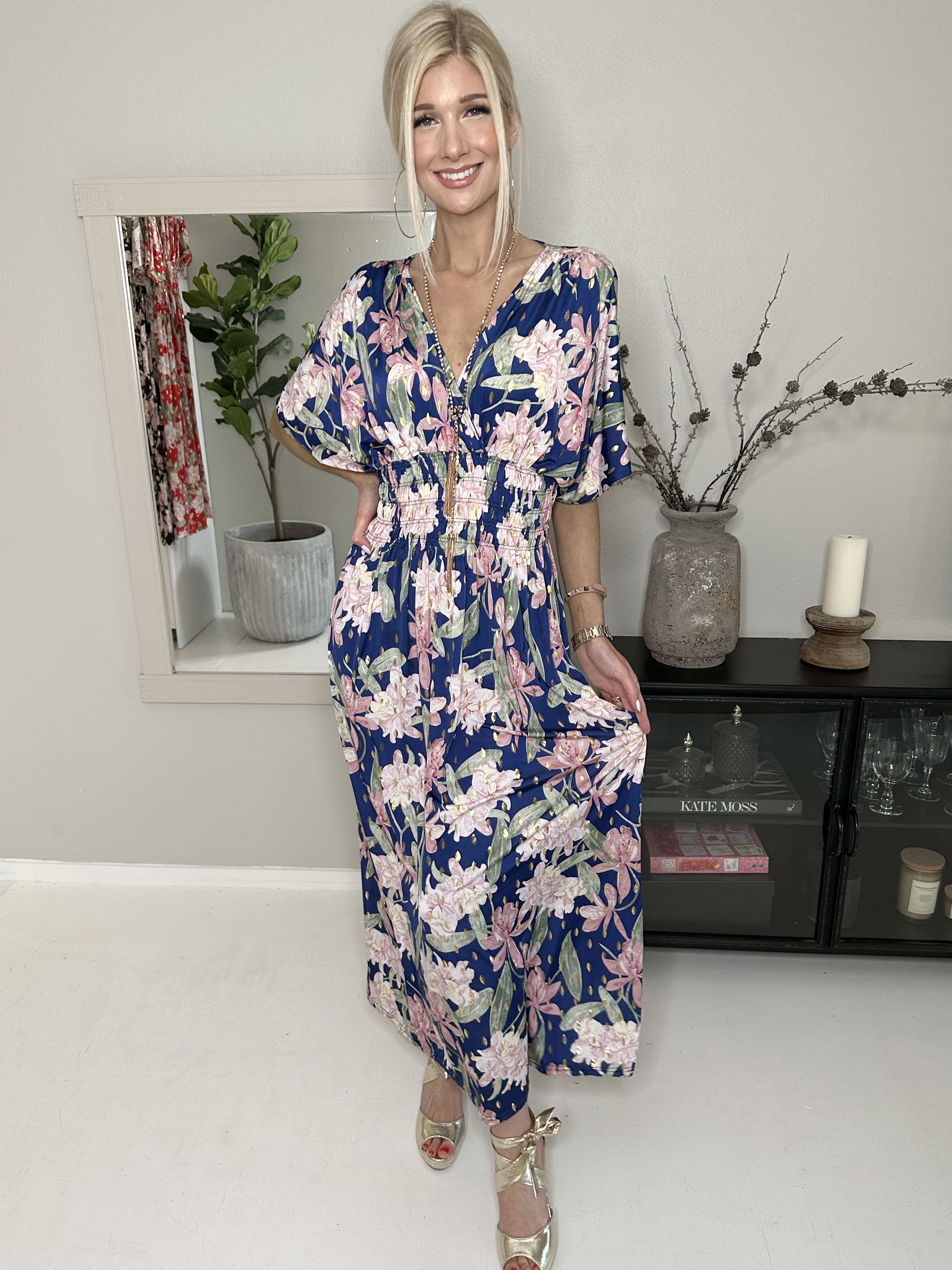 Pams Flower - Lang elastisk kjole i krølfrit stof