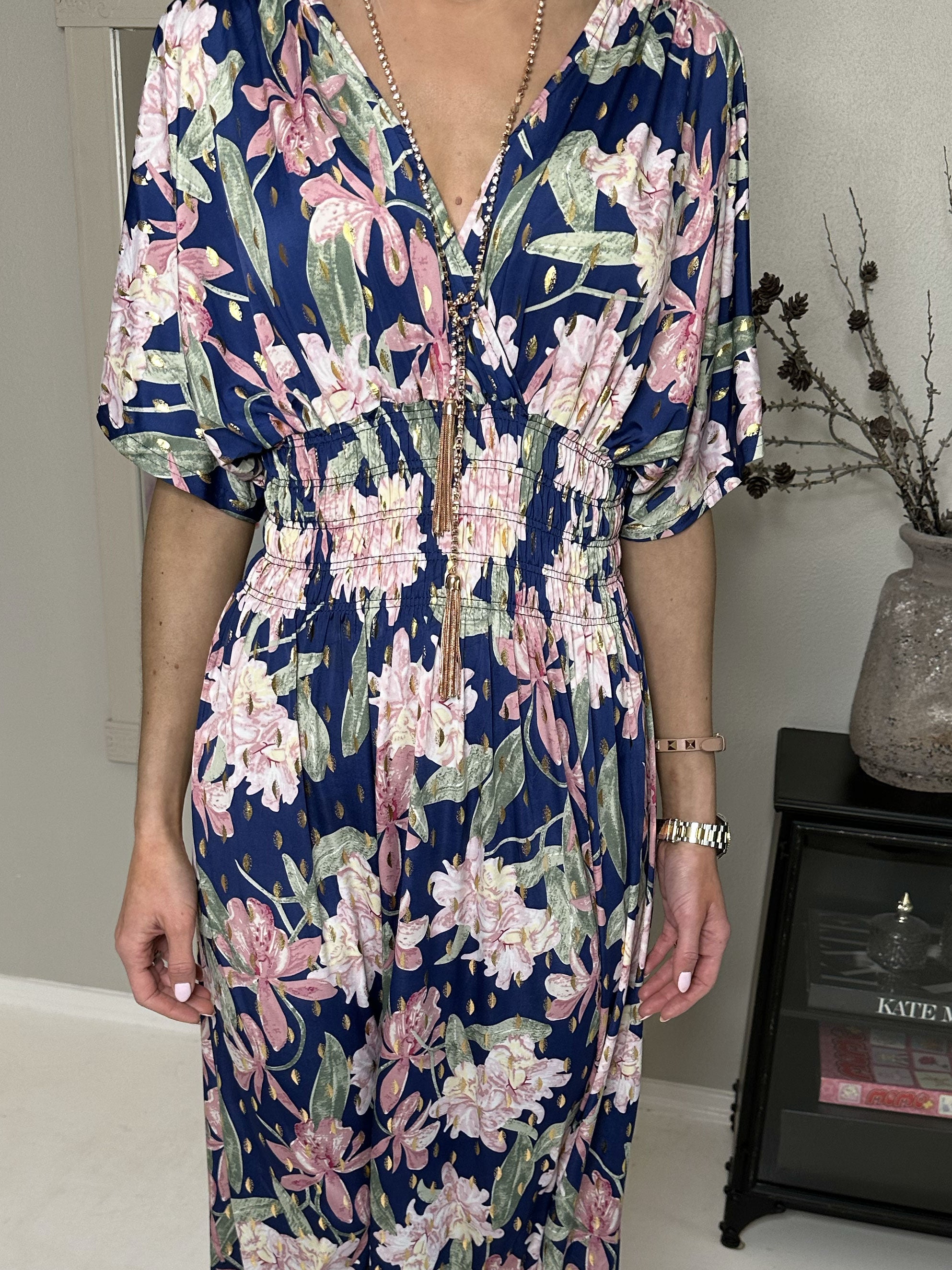 Pams Flower - Lang elastisk kjole i krølfrit stof