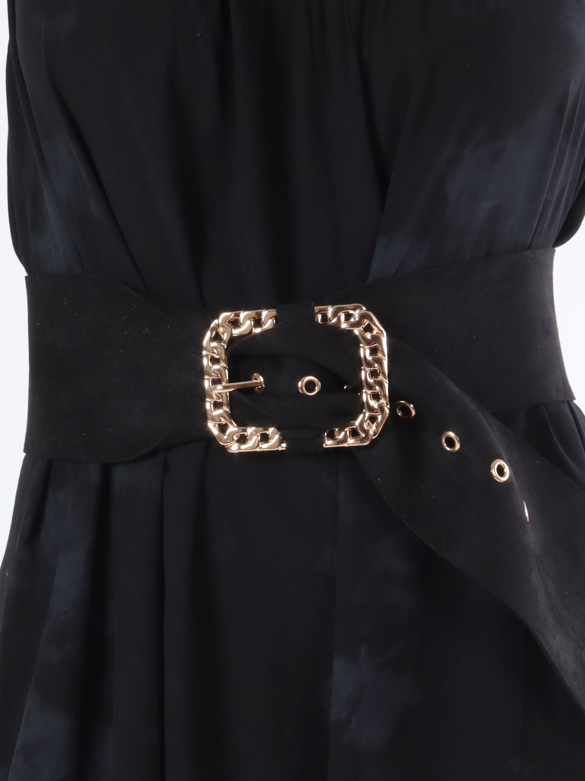 Luisa - Sort bredt bælte i ruskindslook med guld spænde