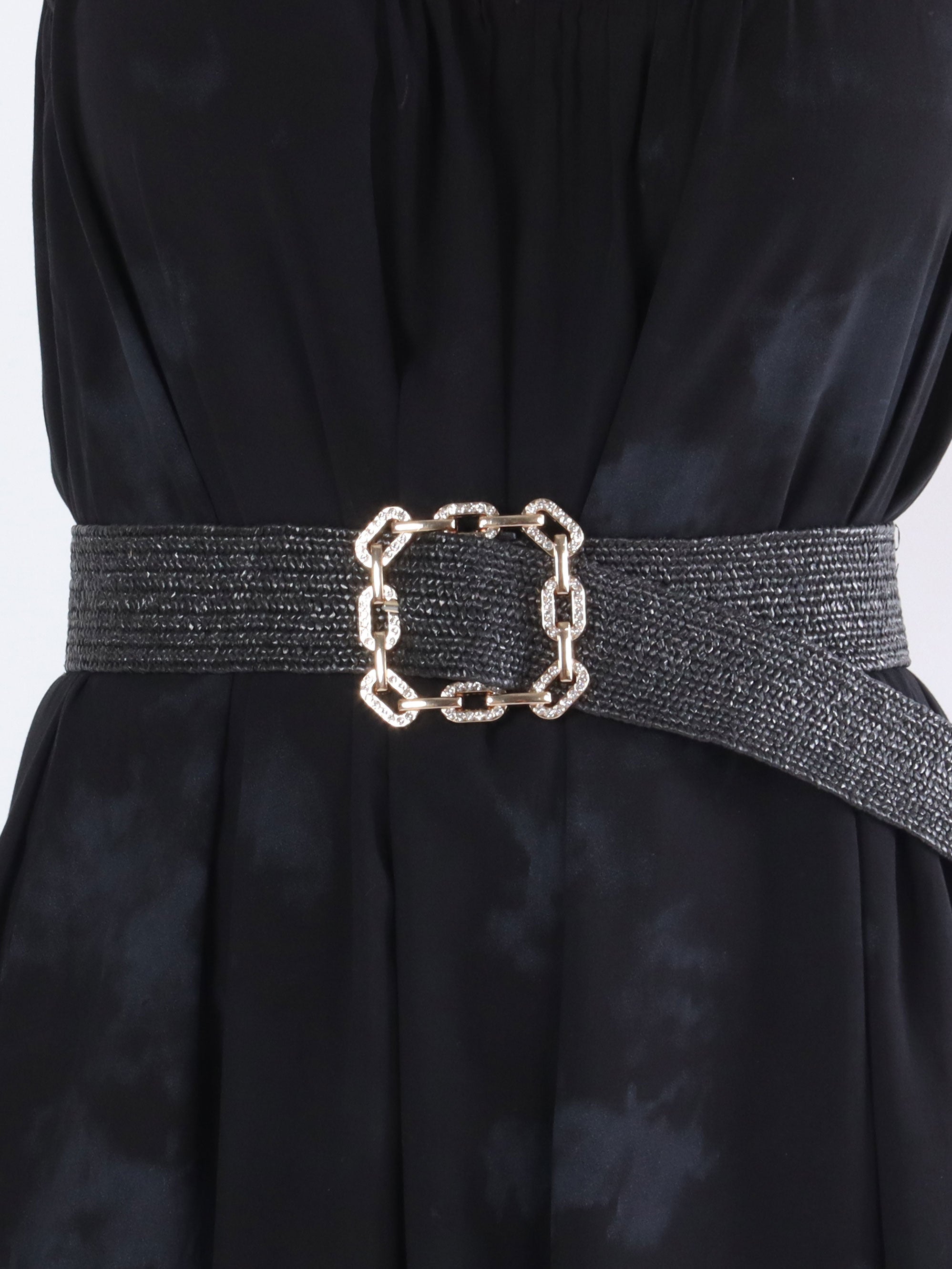 Paula - Sort flettet bælte med stort guld spænde med similisten