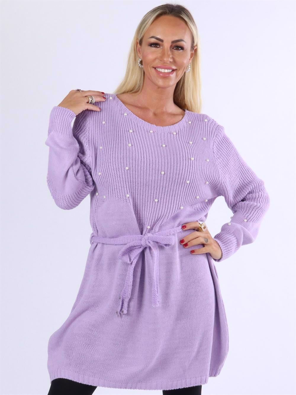 Iman - Strikkjole med perler og bindebånd