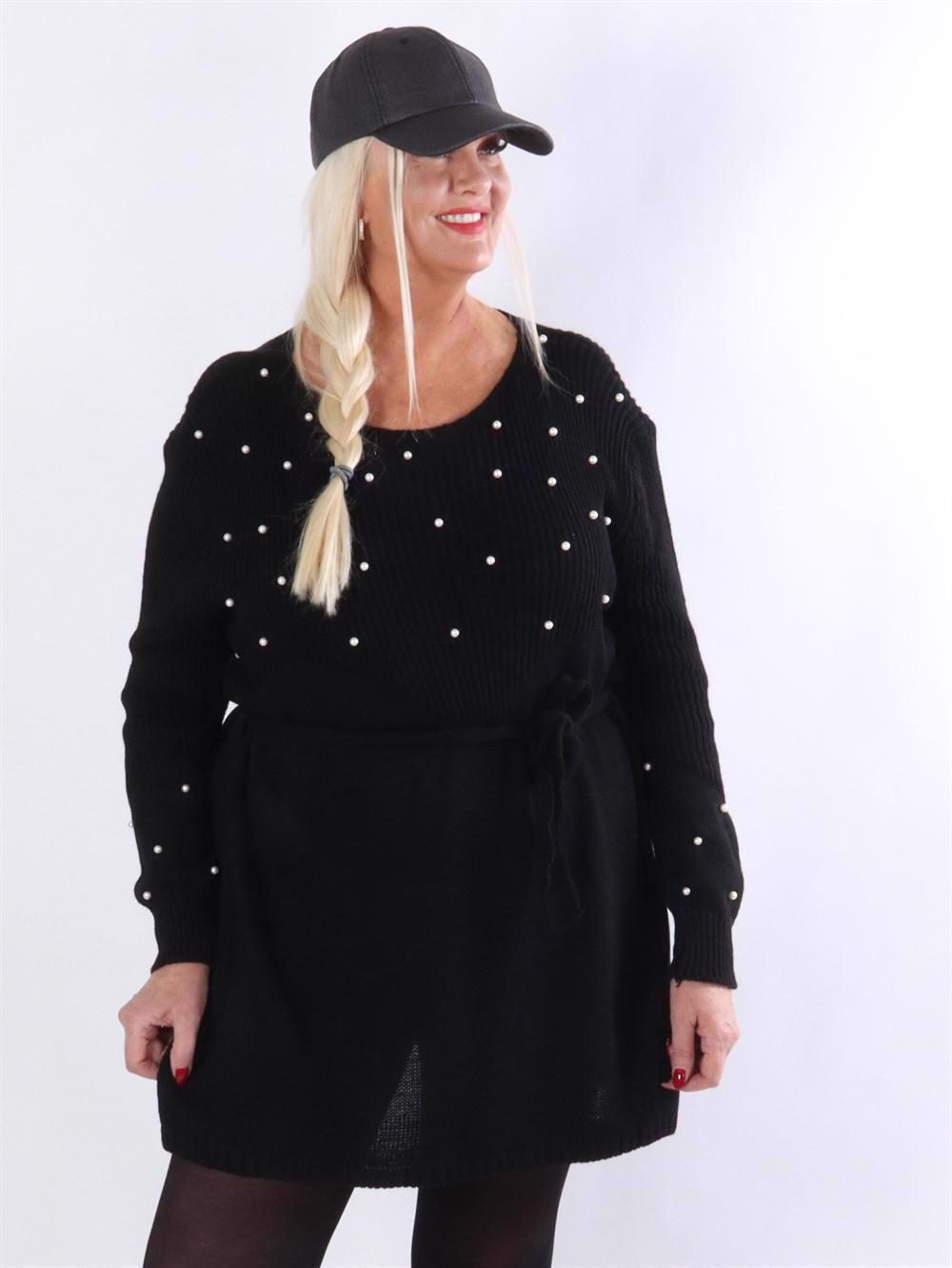 Iman - Strikkjole med perler og bindebånd