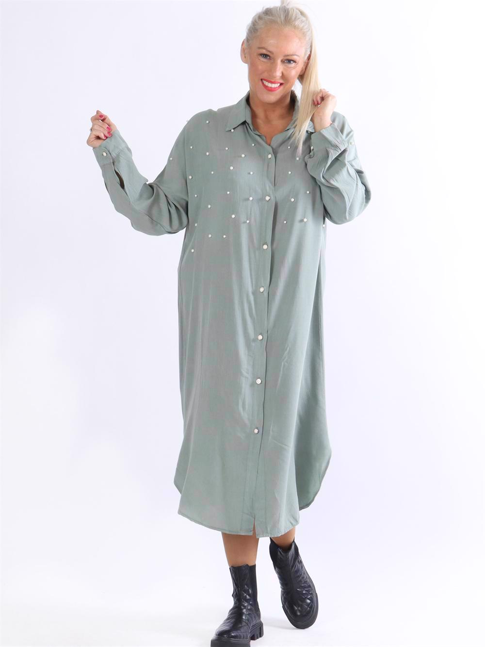 Jules - Lang skjortekjole med hvide perler