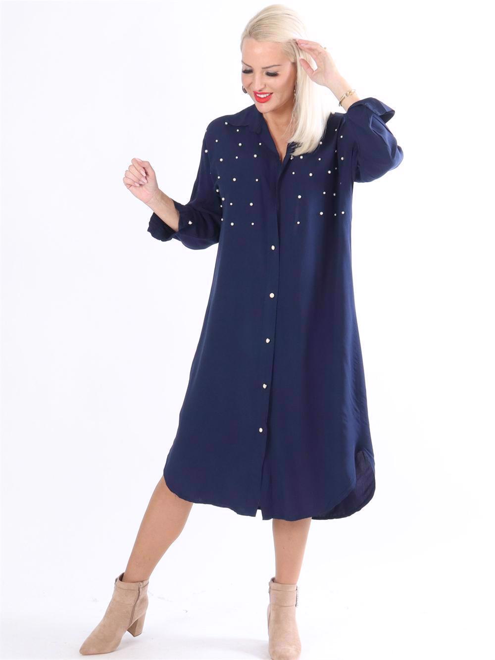 Jules - Lang skjortekjole med hvide perler