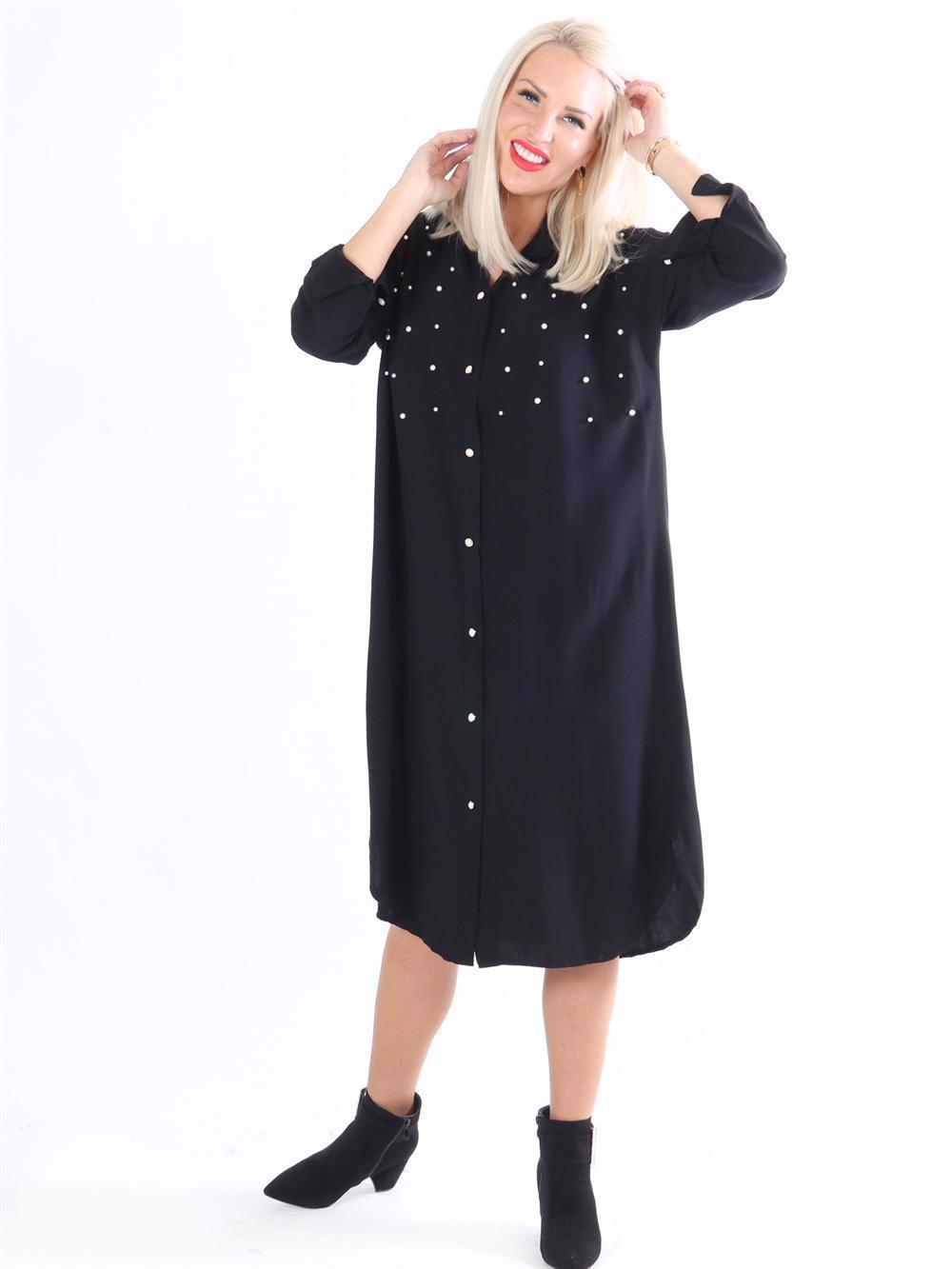 Jules - Lang skjortekjole med hvide perler