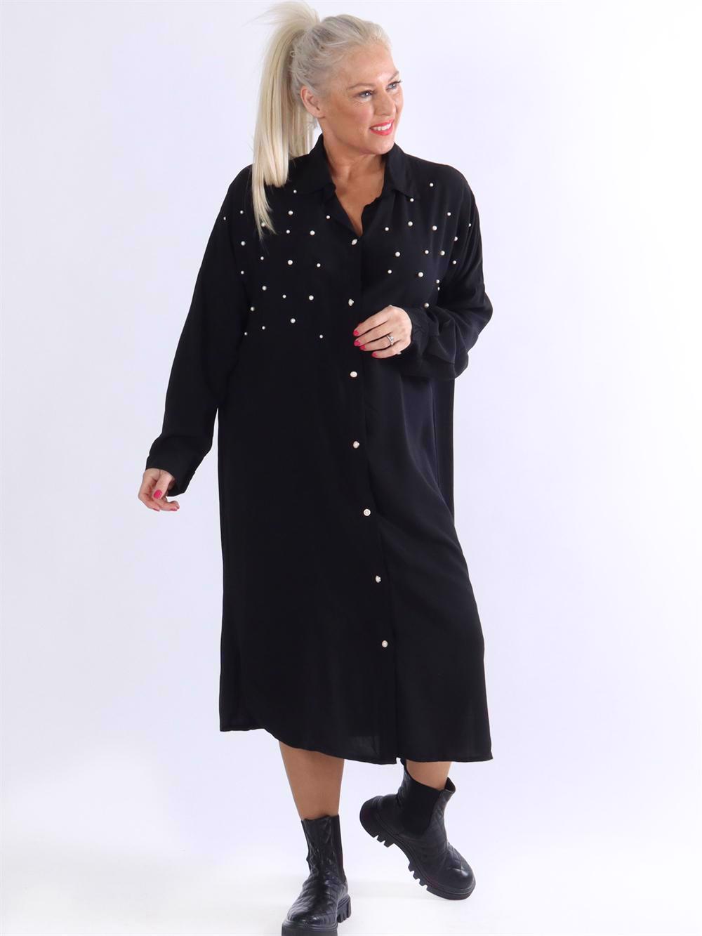 Jules - Lang skjortekjole med hvide perler