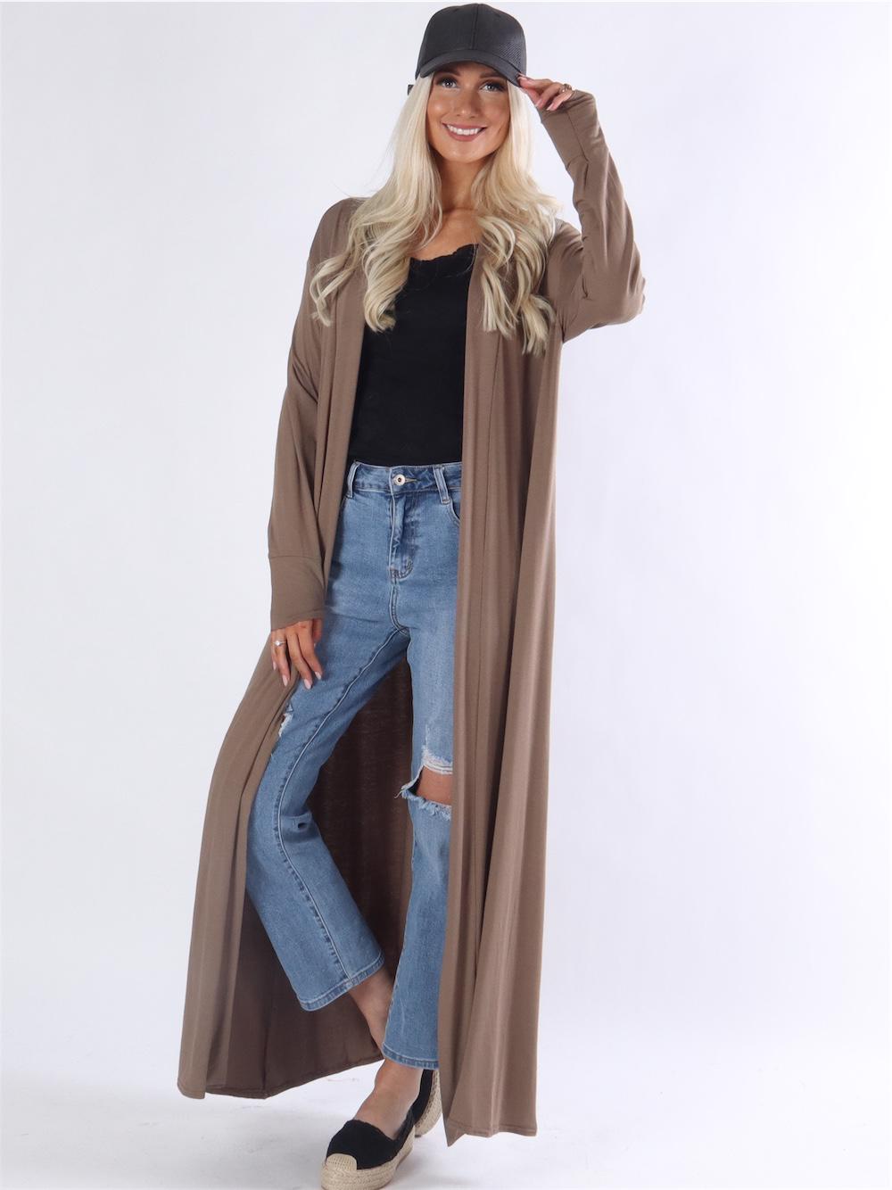 Kamila Long - Armygrøn lang basic cardigan i jersey