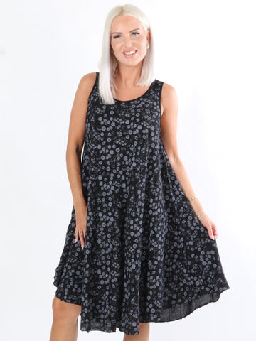 Katiana - Armygrøn sommerkjole i A-facon med små blomster