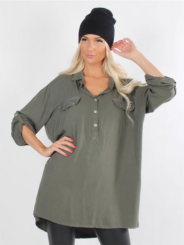 Kayla - Armygrøn skjorte med pailletter på lommerne
