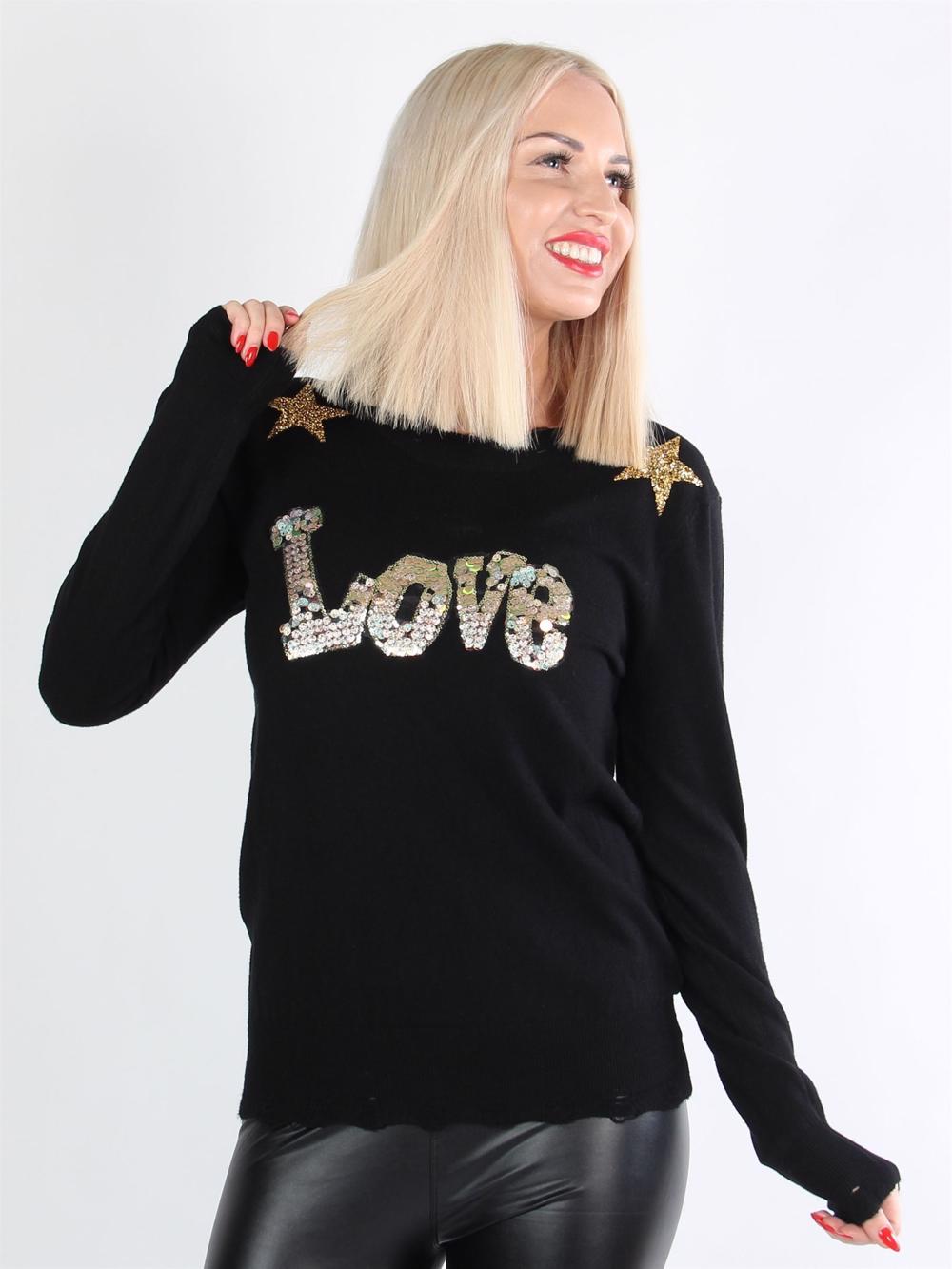 Kelvina - Beigefarvet bluse med tekst og stjerner af pailletter og similisten