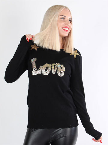 Kelvina - Beigefarvet bluse med tekst og stjerner af pailletter og similisten