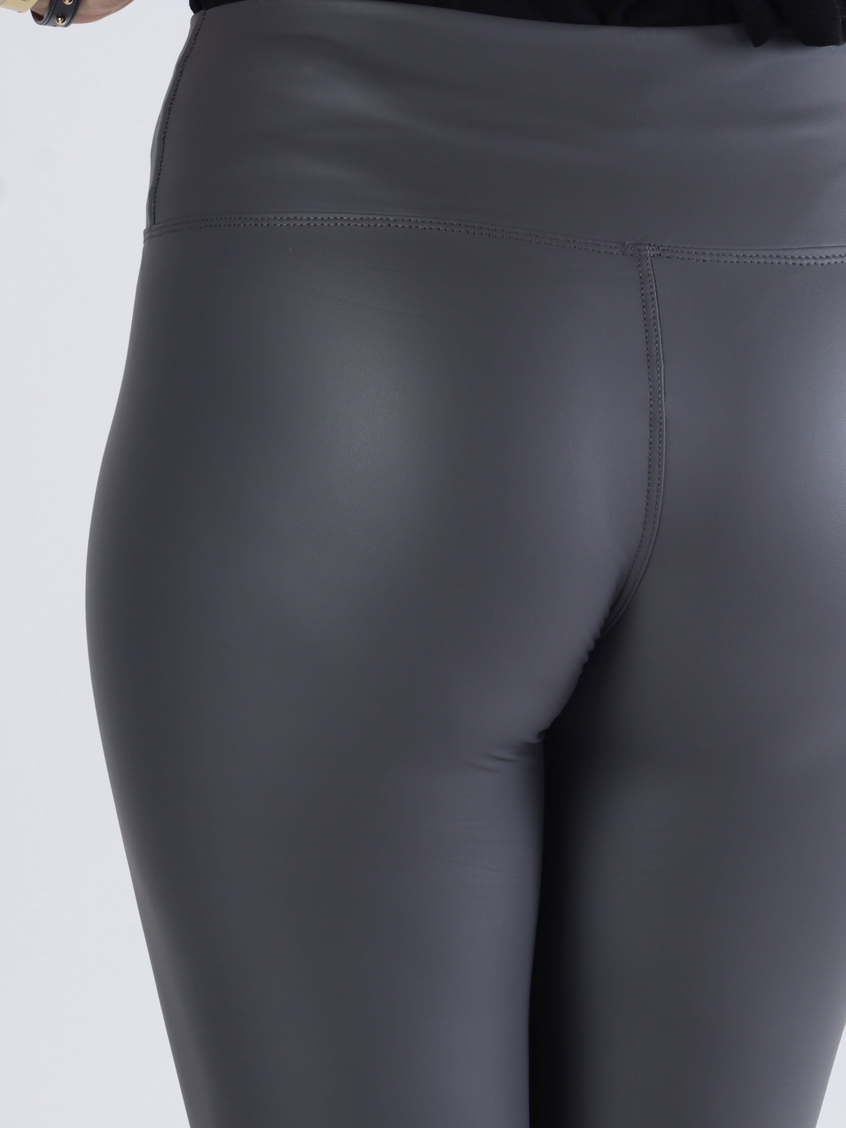 Kim - Elastiske læderlook leggings med bred kant