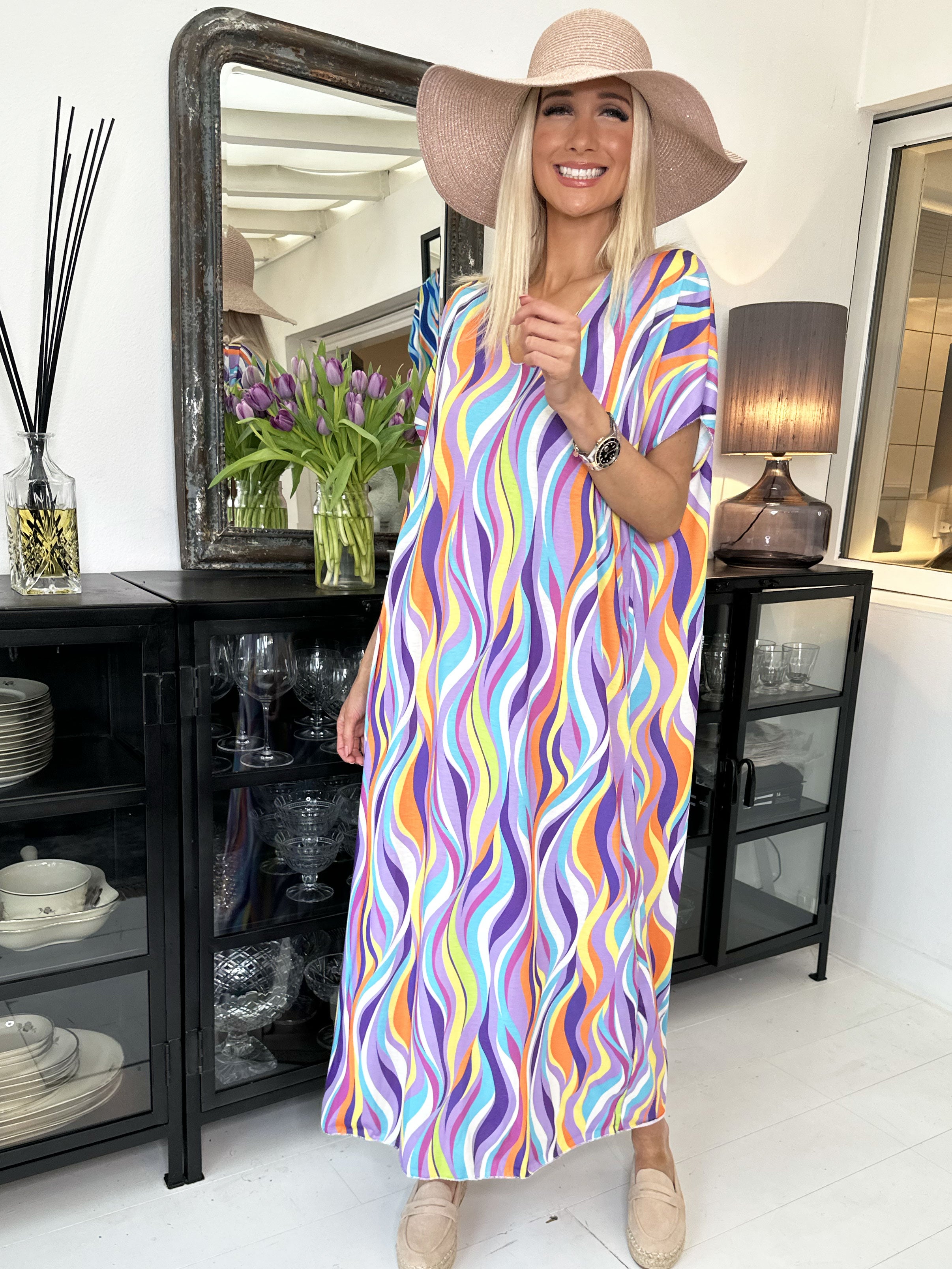 Kirsa long - Flerfarvet lang kjole i blødt stof