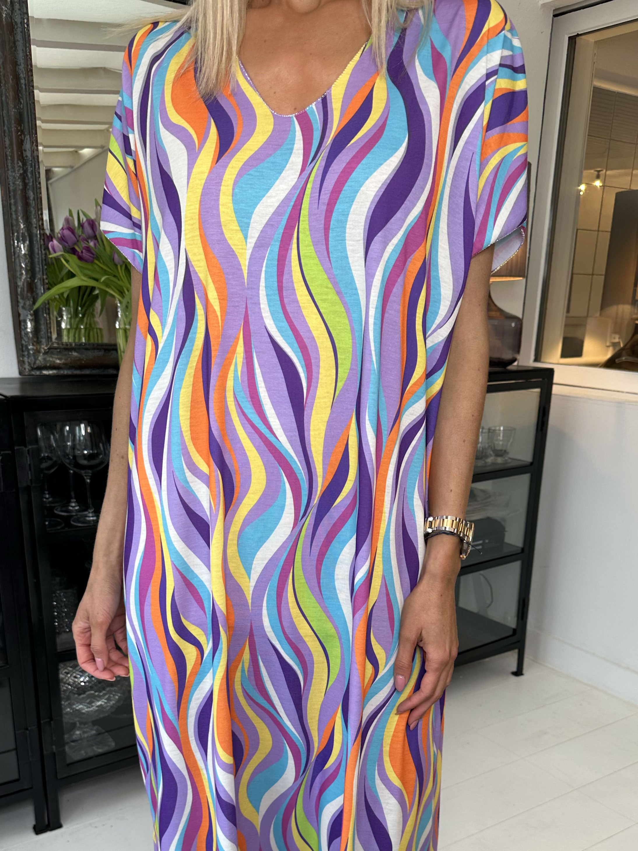 Kirsa long - Flerfarvet lang kjole i blødt stof