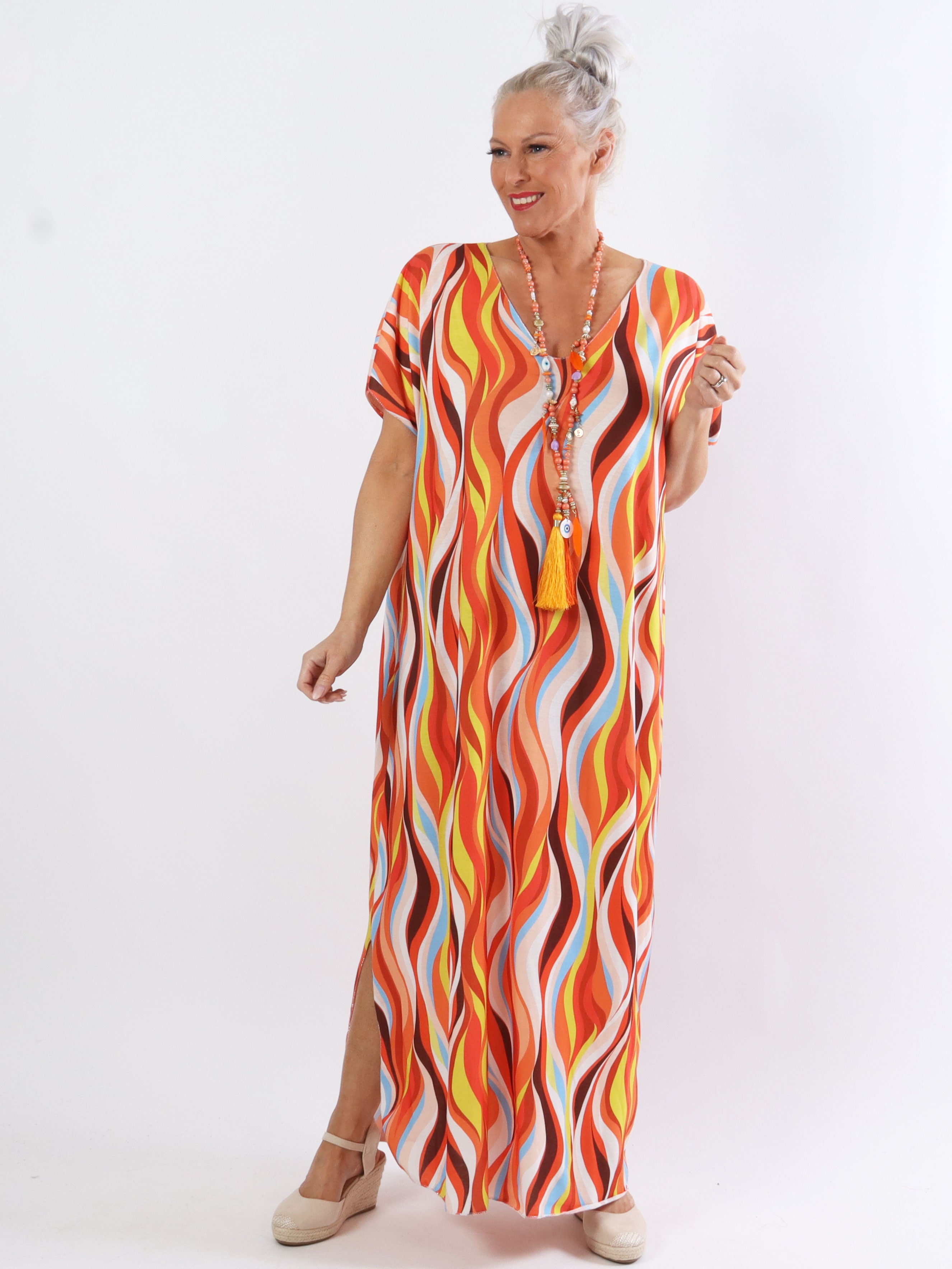 Kirsa long - Lang blød plus size i flerfarvet stof