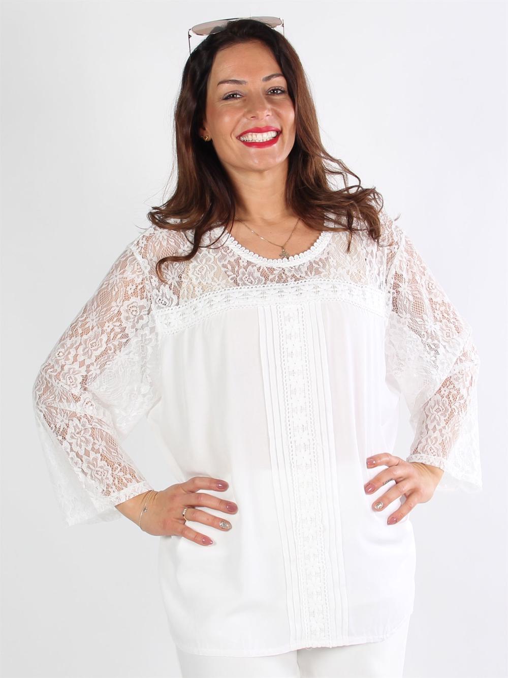 Lahore - Rød langærmet blondebluse med broderinger